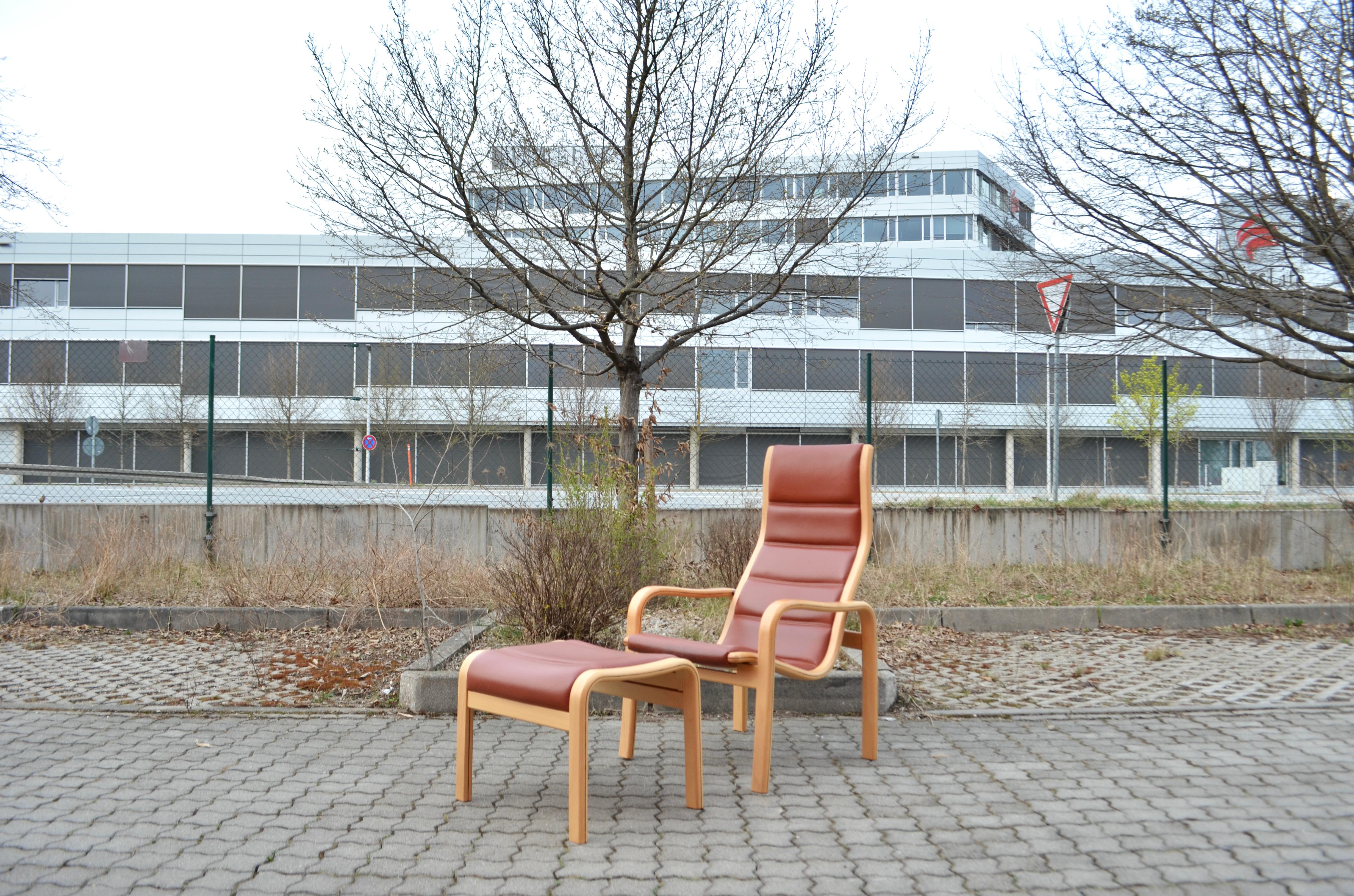 Swedish Yngve Ekström Modell Melano Swedese Ox Red Leather Highback Lounge Chair Beech For Sale