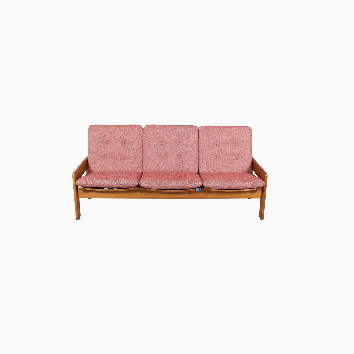 A hard to find three seat sofa designed by one of Sweden’s most well known designers, Yngve Ekstrom. Patinated oak frame and newly upholstered in Pollack Textiles ” West Coast” Trolley Car. Restoration of the frame will be completed upon