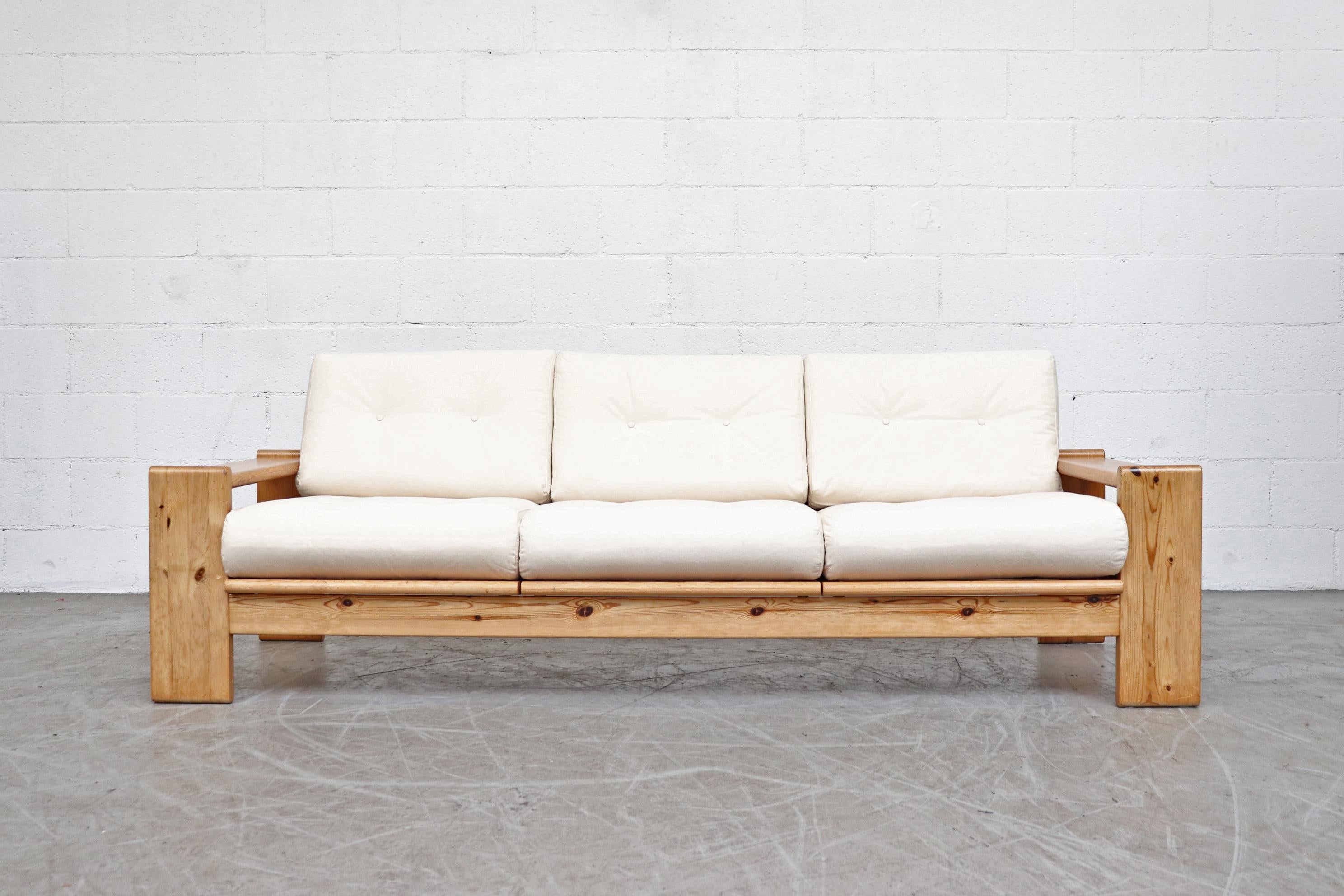Midcentury Yngve Ekström 3-seat sofa with lightly refinished pine frame. Newly upholstered in white canvas. In otherwise good original condition. Photographed with matching loveseat also available (LU922413509852), listed separately.