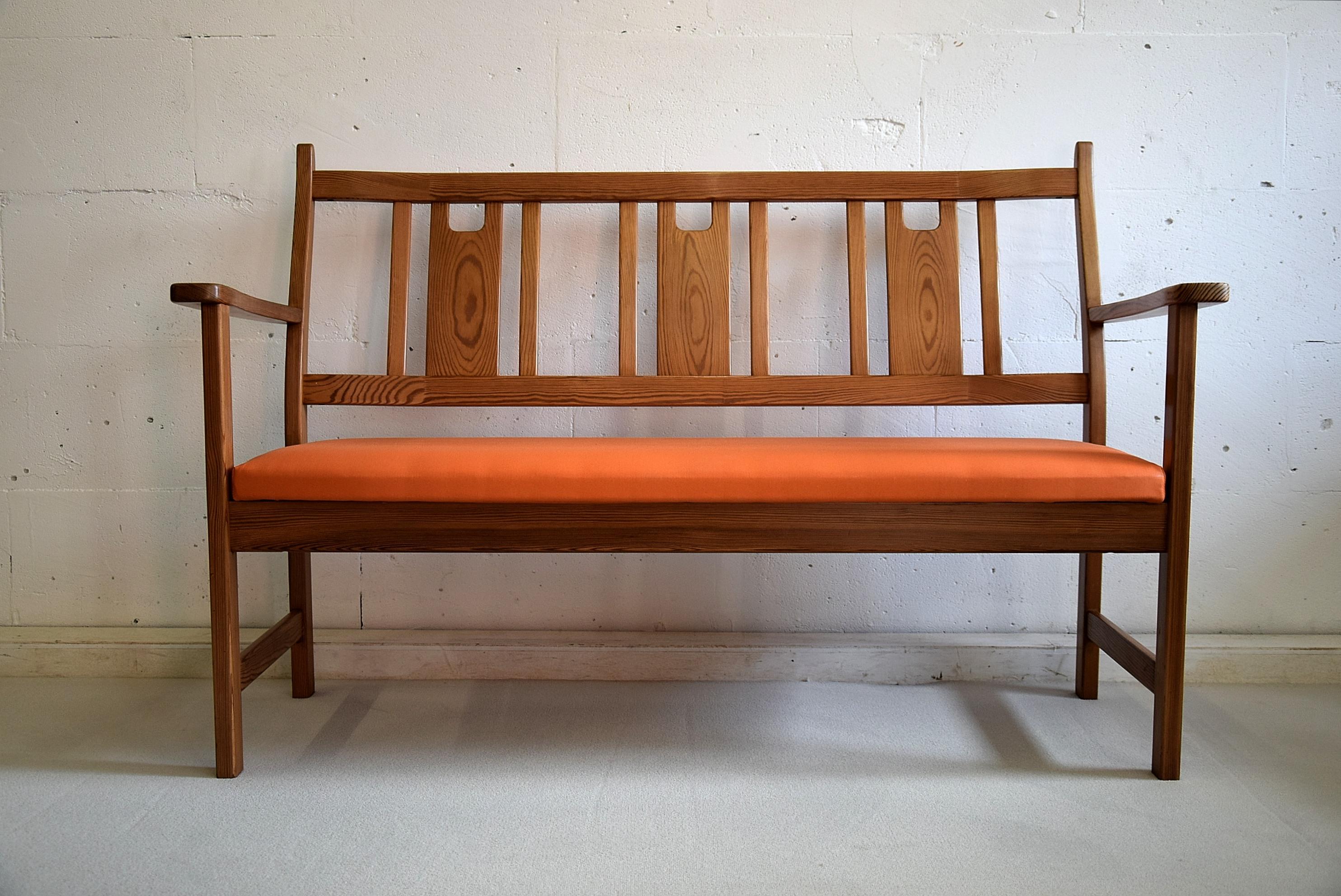 Yngve Ekström  Orange and Brown Pine Two-Seat Bench For Sale 4