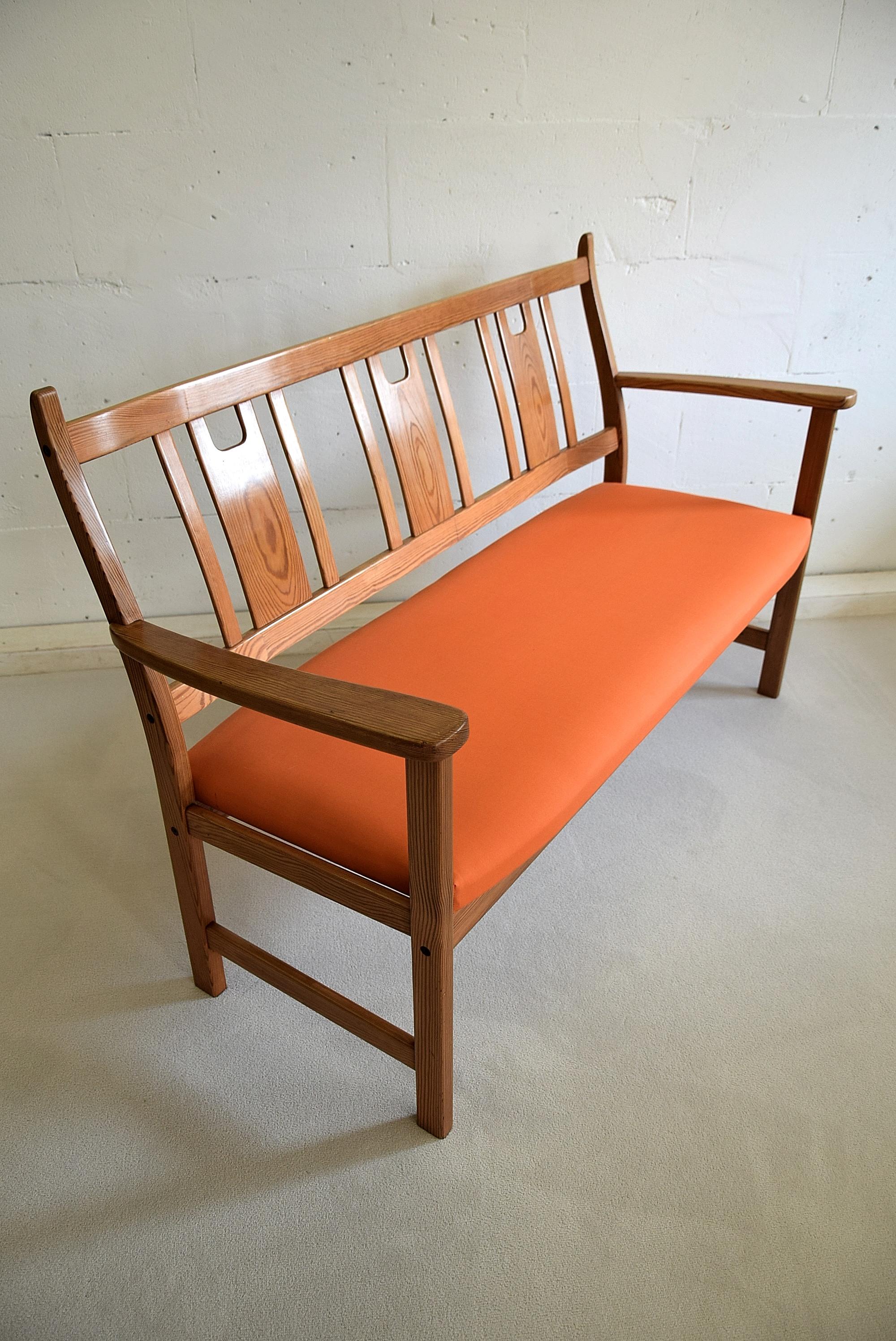 Mid-Century Modern Yngve Ekström  Orange and Brown Pine Two-Seat Bench For Sale