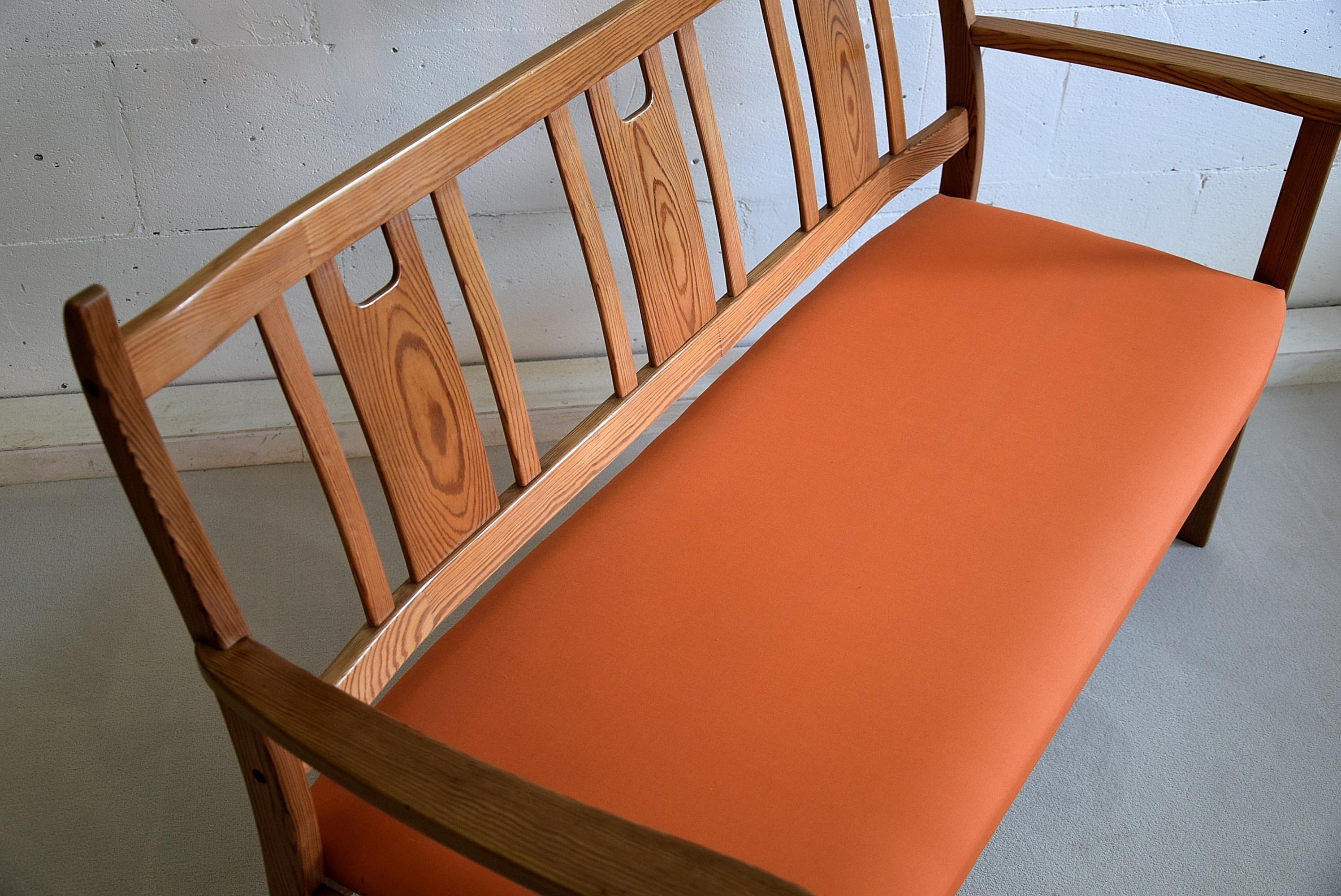 Swedish Yngve Ekström  Orange and Brown Pine Two-Seat Bench For Sale