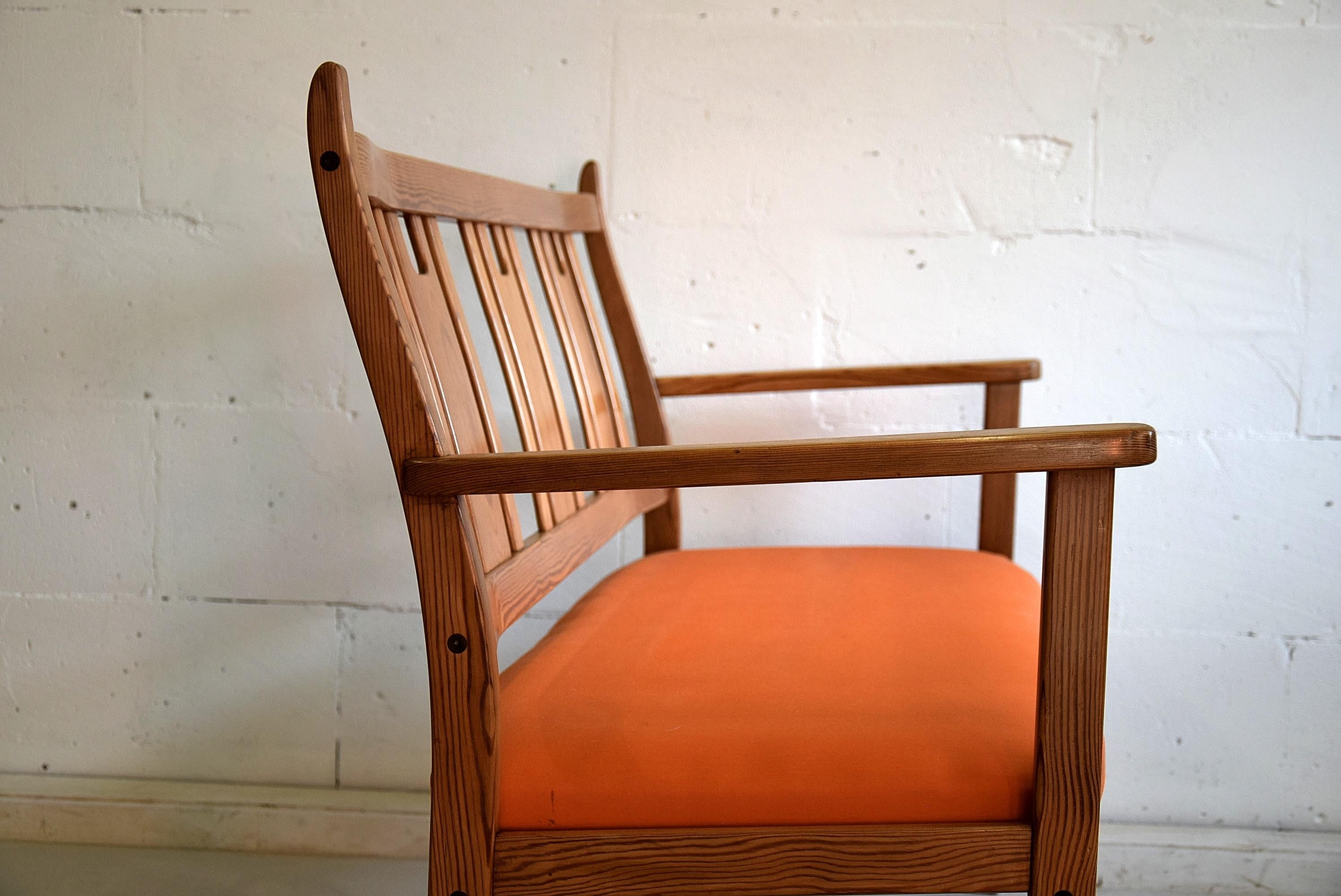 Yngve Ekström  Orange and Brown Pine Two-Seat Bench For Sale 2