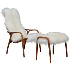 Vintage Yngve Ekström Sheepskin Lounge Chair with Footstool
