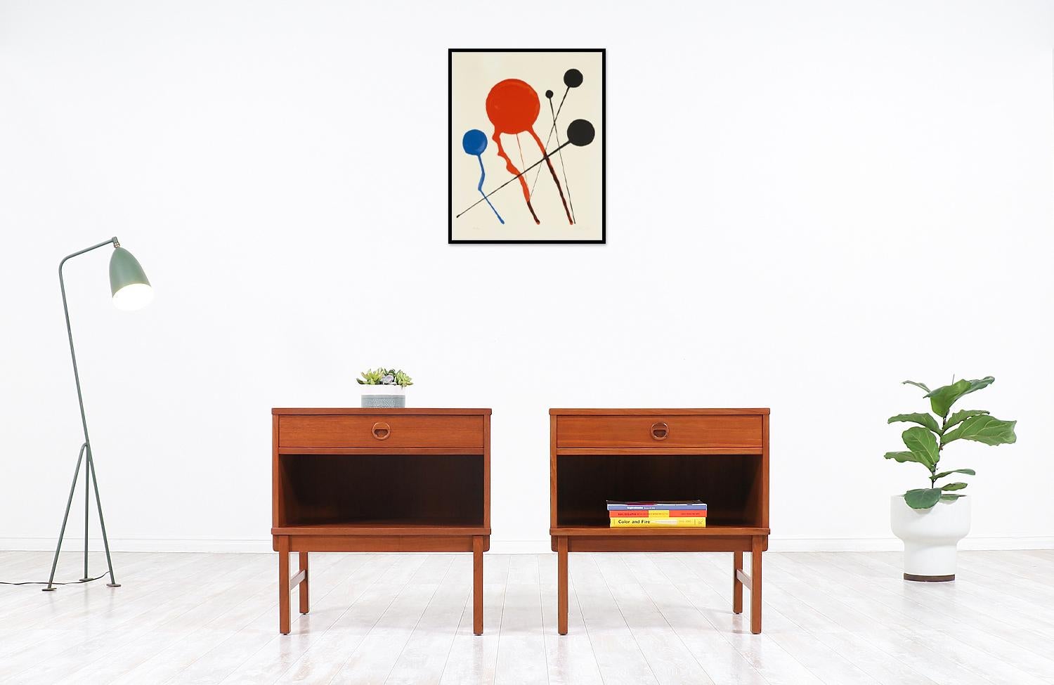 Scandinavian Modern nightstands designed by Swedish architect Yngve Ekström in collaboration with DUX of Sweden in 1960s. These alluring Model 518 nightstands are crafted in warm teak wood that feature a single dovetailed drawer and a lower open