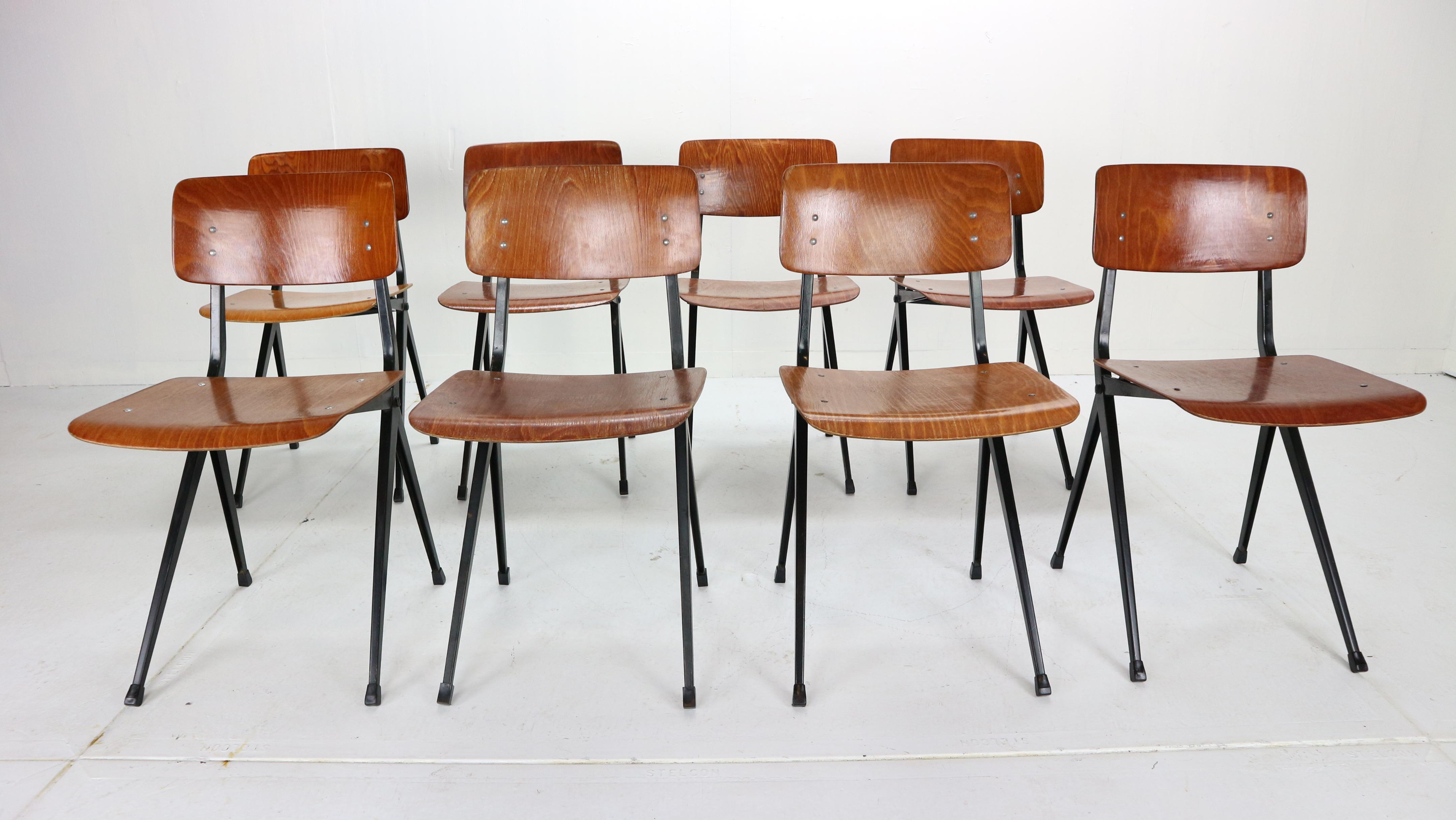 Set of 8 industrial chairs designed by Ynske Kooistra and manufactured by famous Dutch furniture maker Marko in 1950s period, The Netherlands.

The Classic Dutch compass leg chair was perhaps originally created by Prouve who then inspired a number