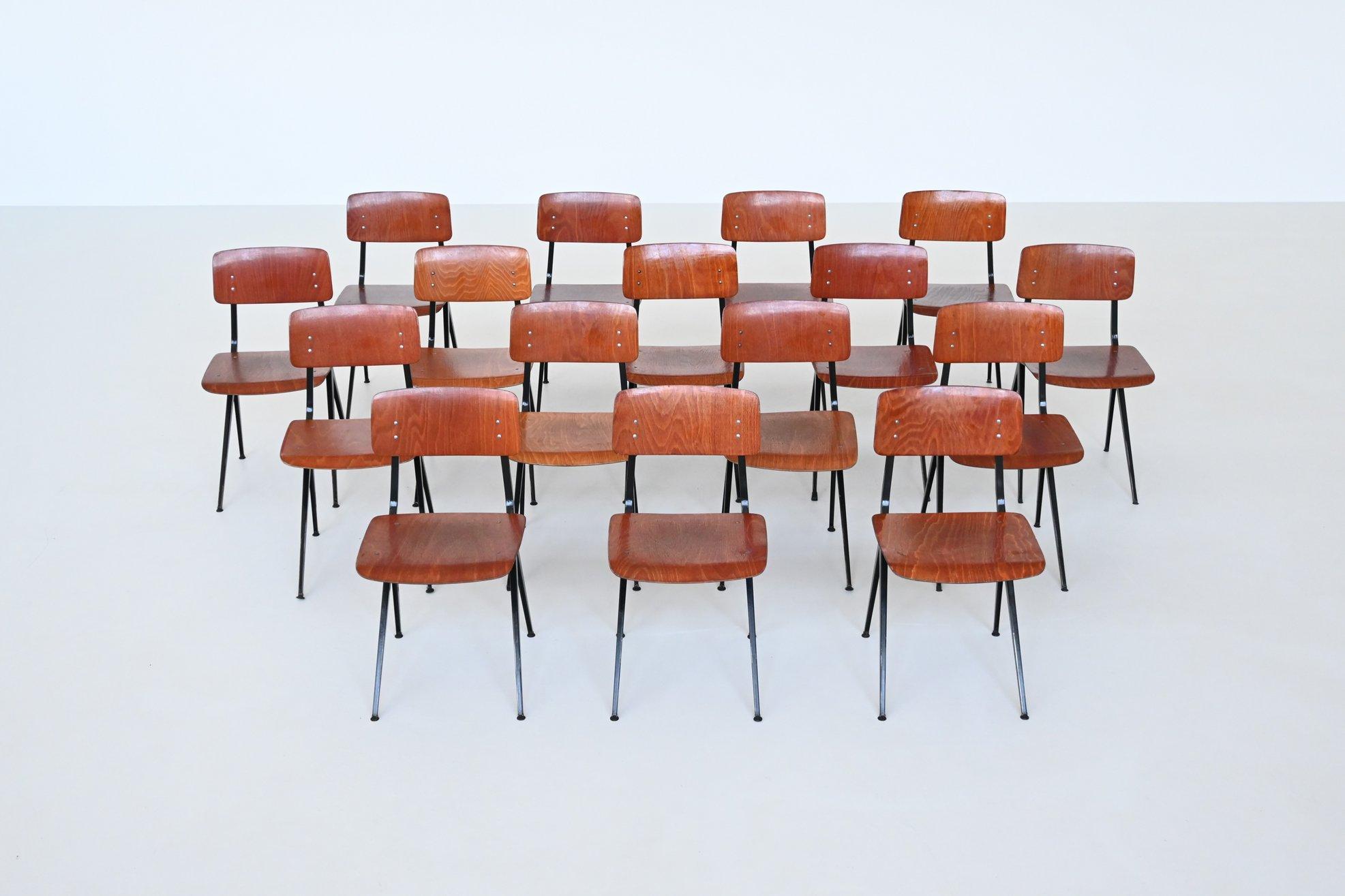 Very nice lot of 18 industrial compass dining chairs designed by Ynske Kooistra for Marko, The Netherlands 1960. This set exemplifies durability and style for modern environments. The chairs feature sturdy pagwood seats, well-suited for high-use