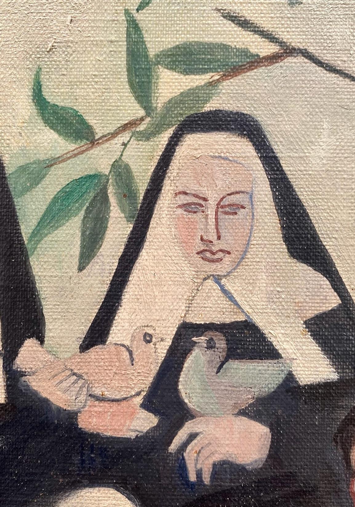Nonnen und Tauben, Die Familie, Avantgarde-Frauen Künstler Marcel Duchamps Tochter (Braun), Figurative Painting, von Yo Savy Sermayer YoMayer