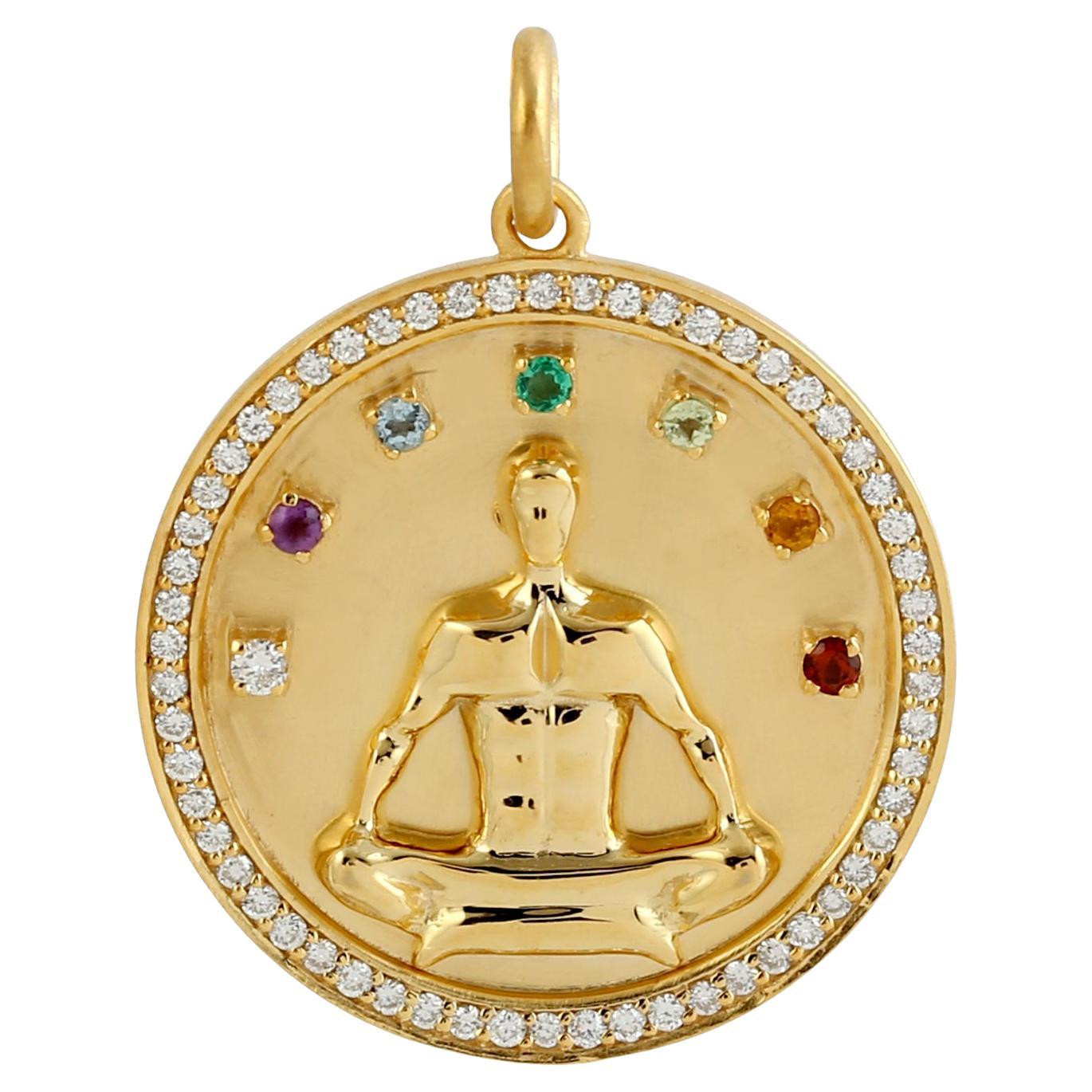 Yoga & 7 Elements Of Life Pendant Accented With Diamonds & Multi Gemstones