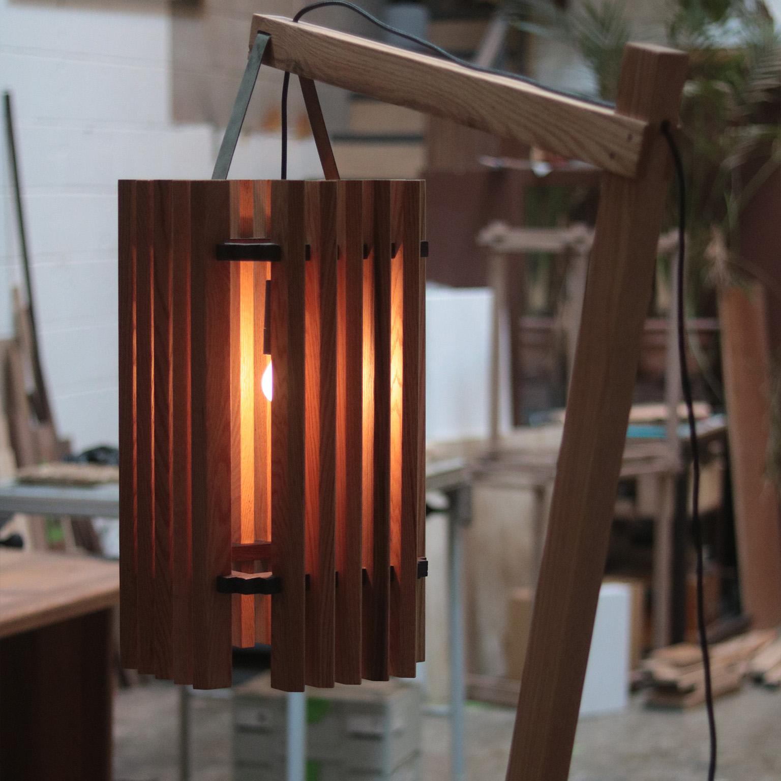 Hand-Crafted Yogi Cantilevered Oak wood Floor Lamp With Leather Details For Sale