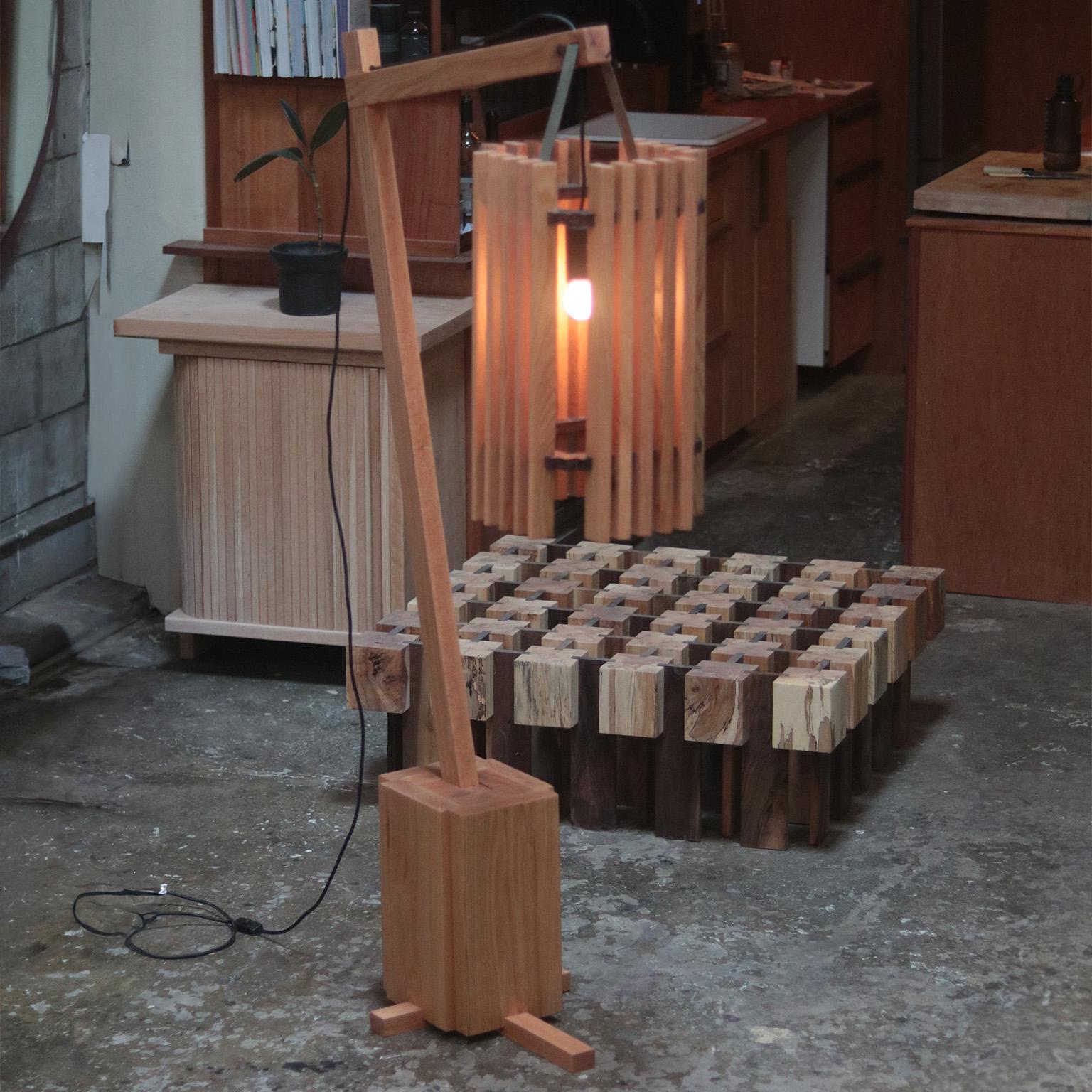 Contemporary Yogi Cantilevered Oak wood Floor Lamp With Leather Details For Sale