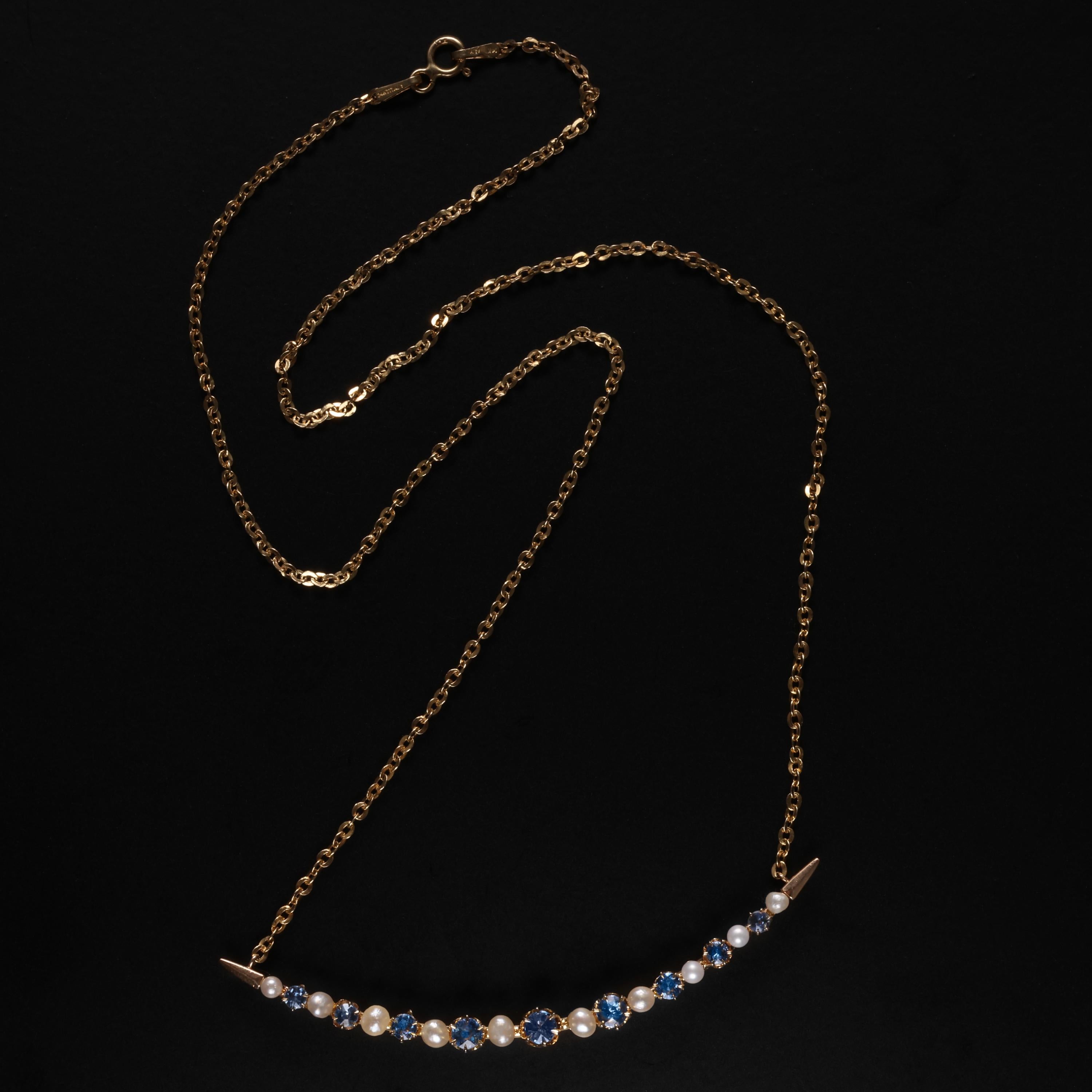 Round Cut Yogo Sapphire & Natural Pearl Crescent Pendant, Circa 1900