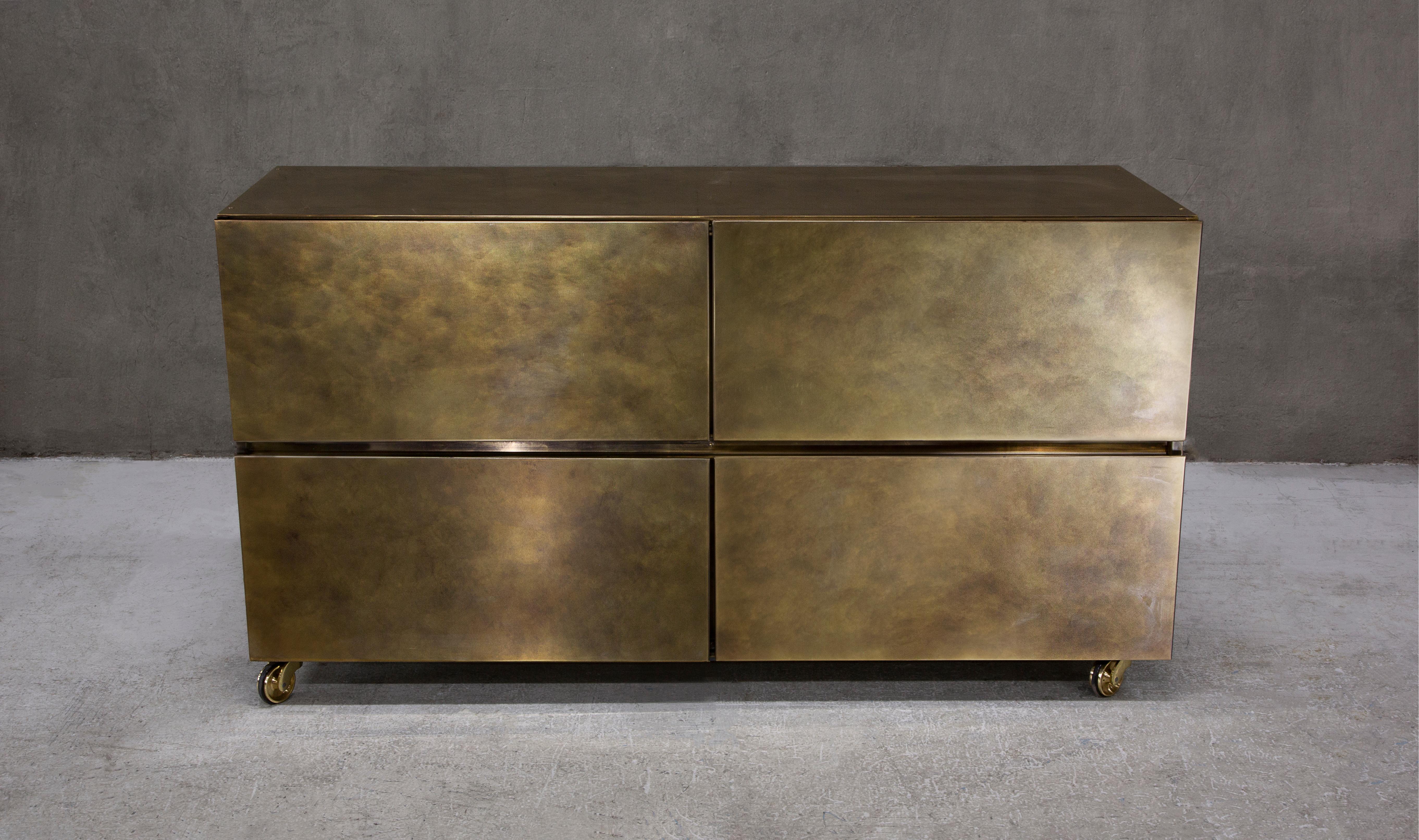 A four-drawered, wheeled storage cabinet in hand patinated brass, developed in collaboration with Pernille Lind Studio for their AM Office project in Copenhagen. 

Handcrafted in the North to order, Yohan can be commissioned in bespoke sizes,