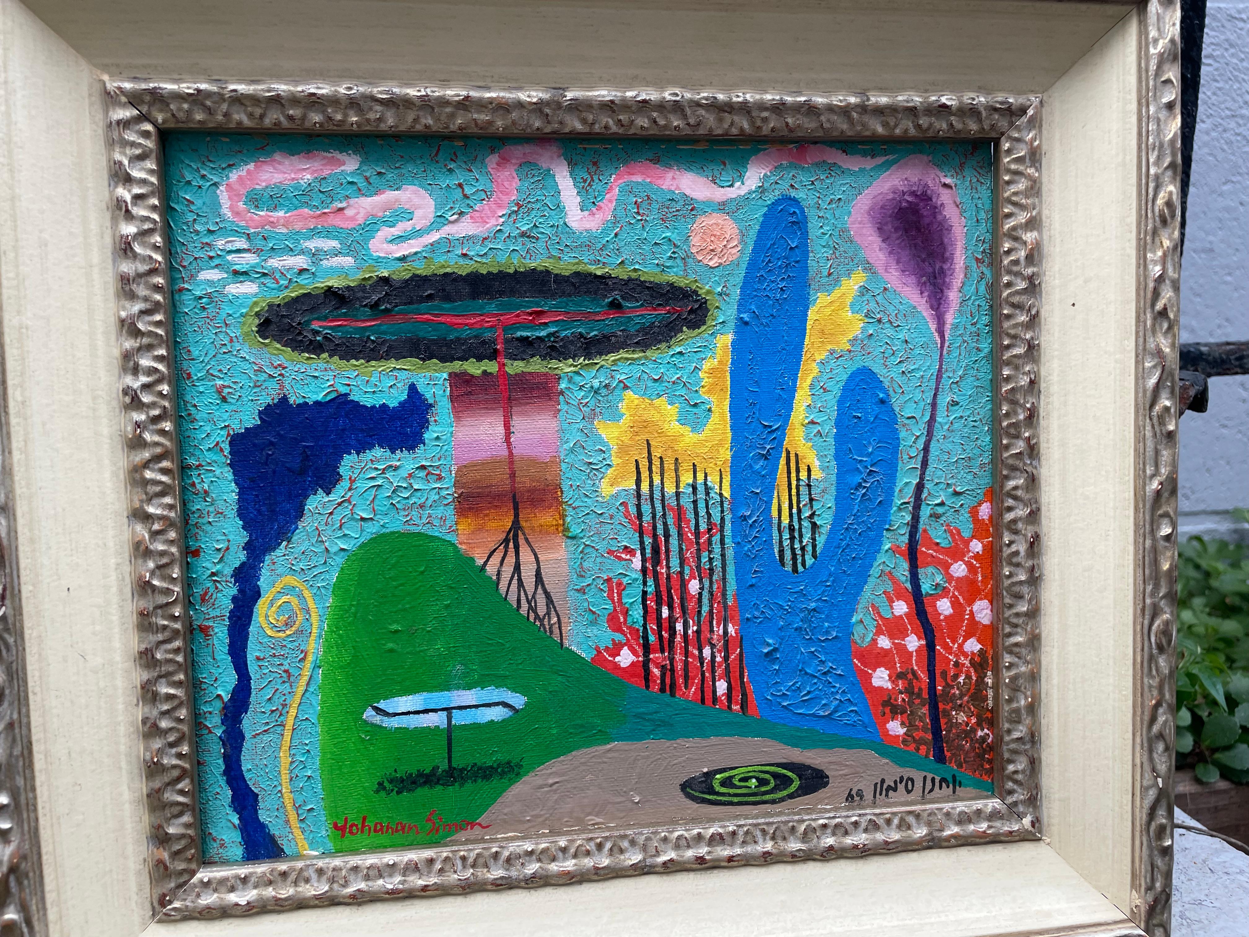 Fantastique peinture à l'huile de paysage colorée de l'artiste israélien bien connu Simon 1