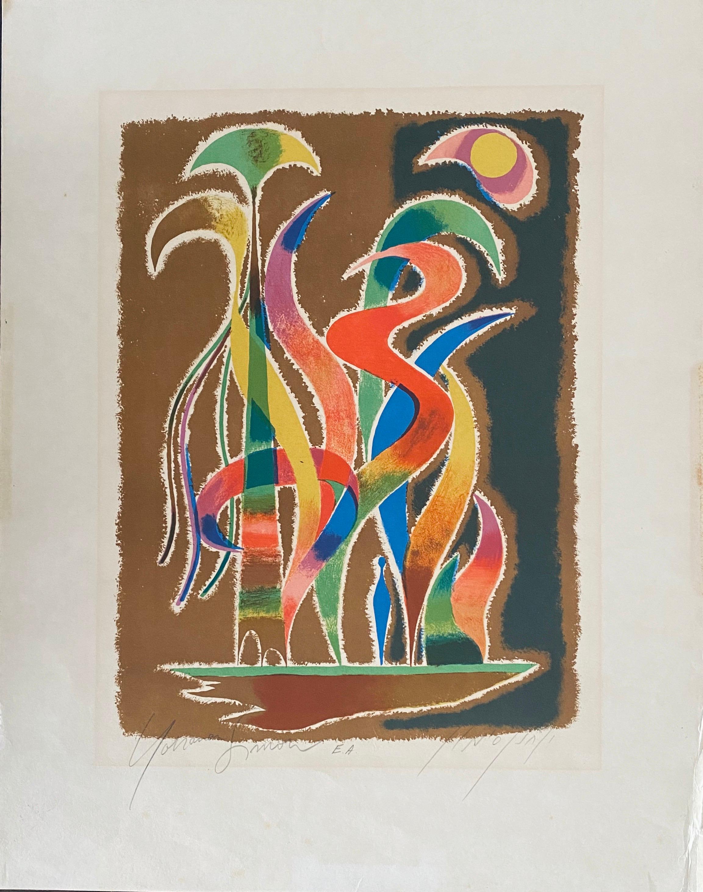 Litografia astratta dell'artista tedesco israeliano - Abstract Print Beige di Yohanan Simon