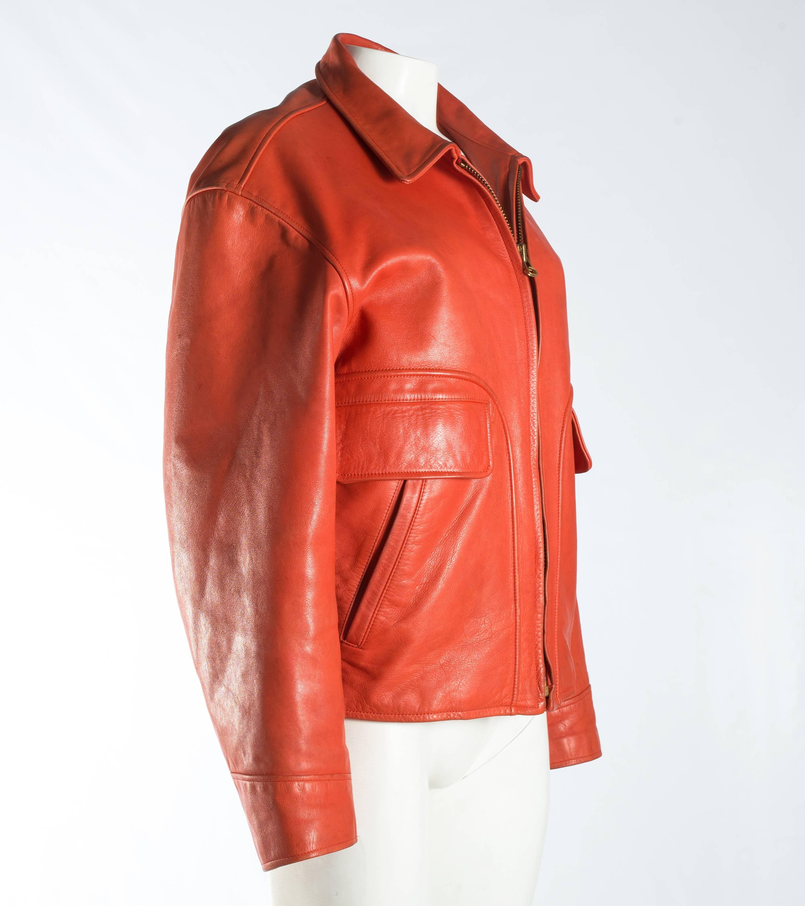 Orange Yohji Yamamoto orange leather jacket with Marilyn Monroe pin-up, A / W 1991 