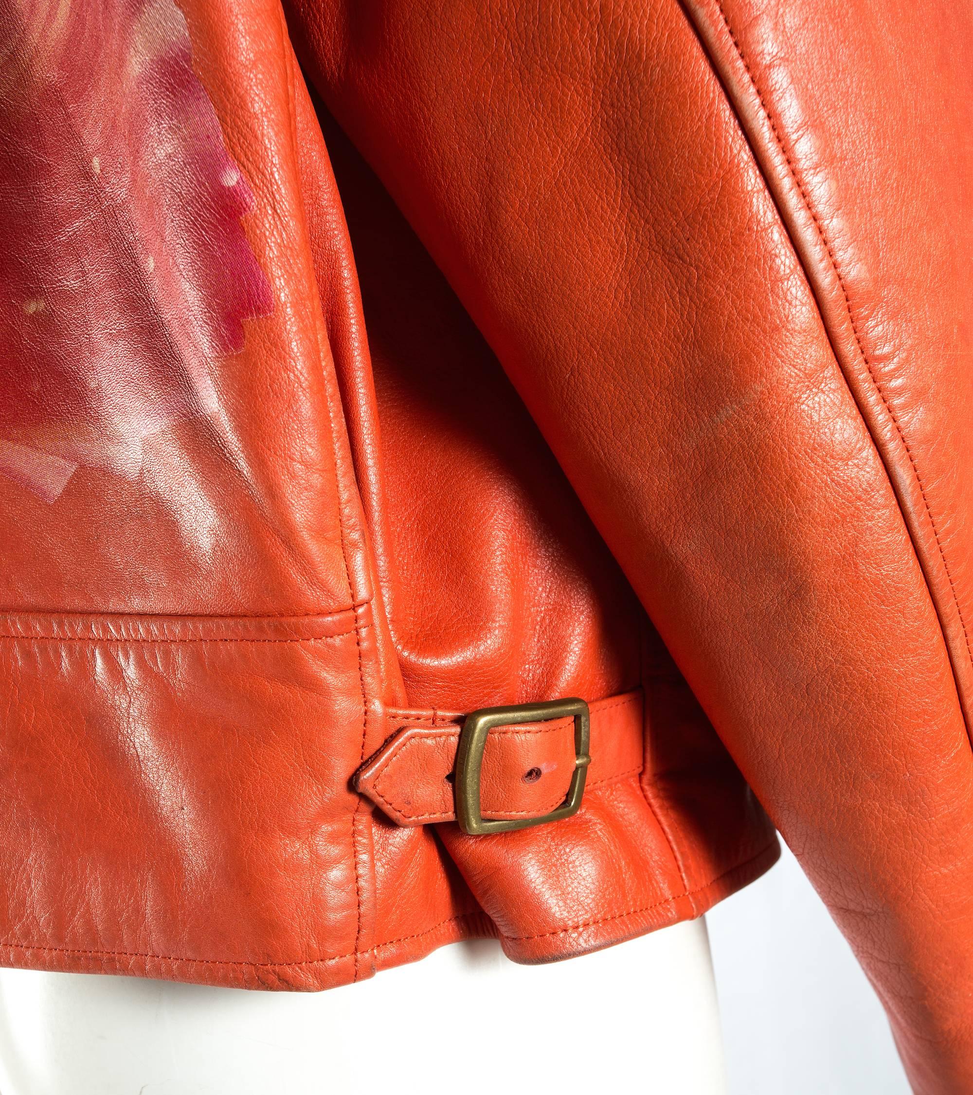 Women's or Men's Yohji Yamamoto orange leather jacket with Marilyn Monroe pin-up, A / W 1991 