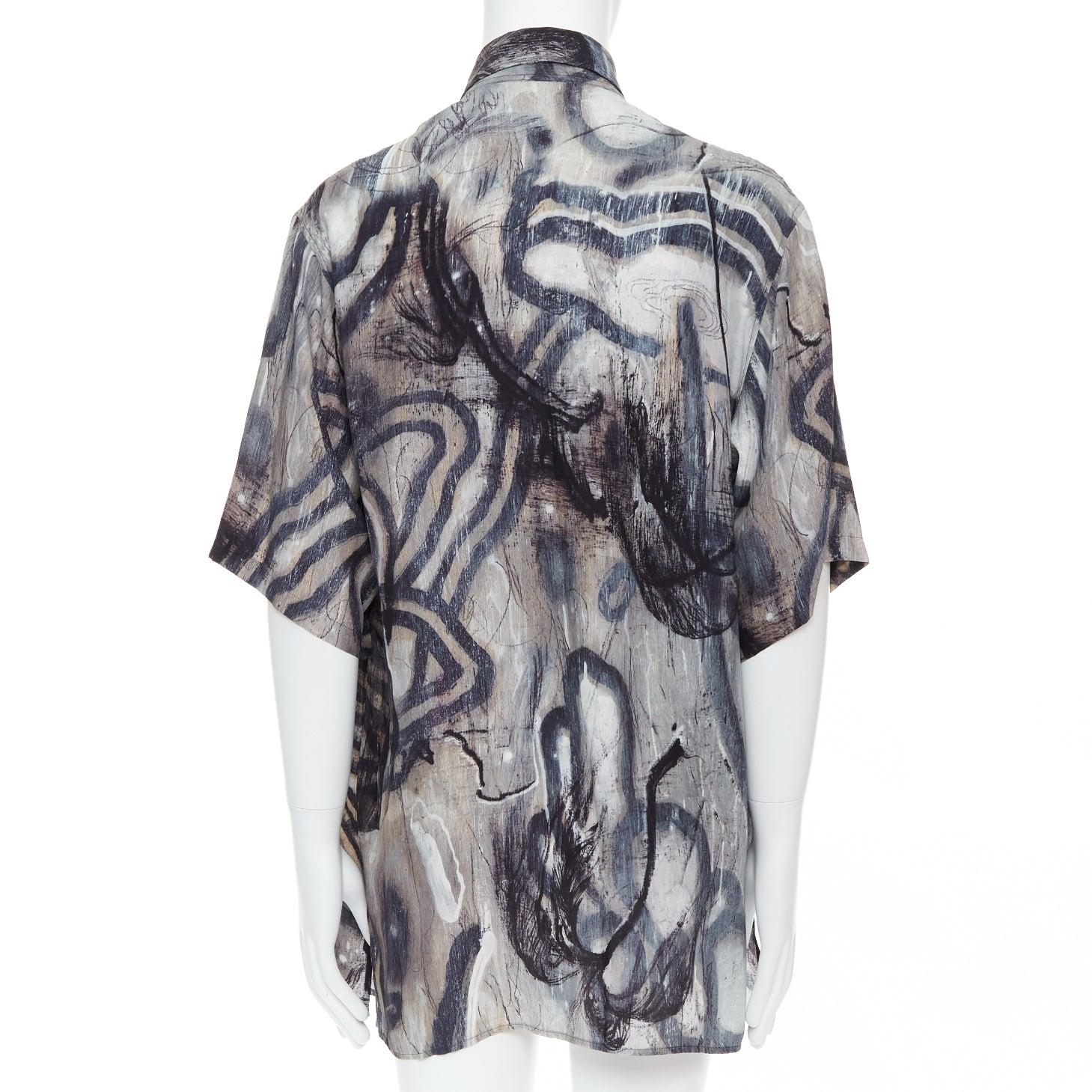 De los hombres YOHJI YAMAMOTO 100% seda gris beige estampado abstracto camisa relajada JP2 M en venta