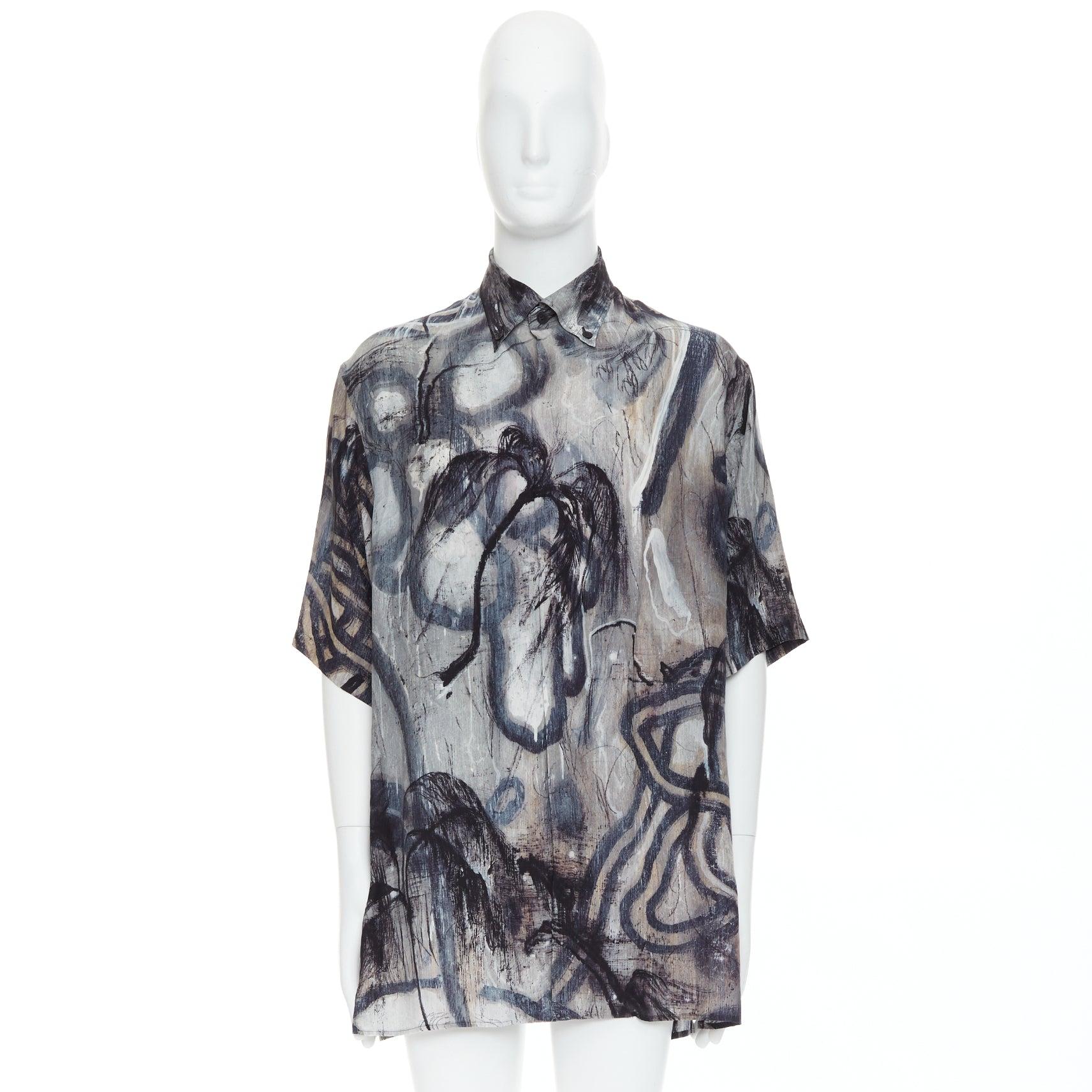 YOHJI YAMAMOTO 100% seda gris beige estampado abstracto camisa relajada JP2 M en venta 4