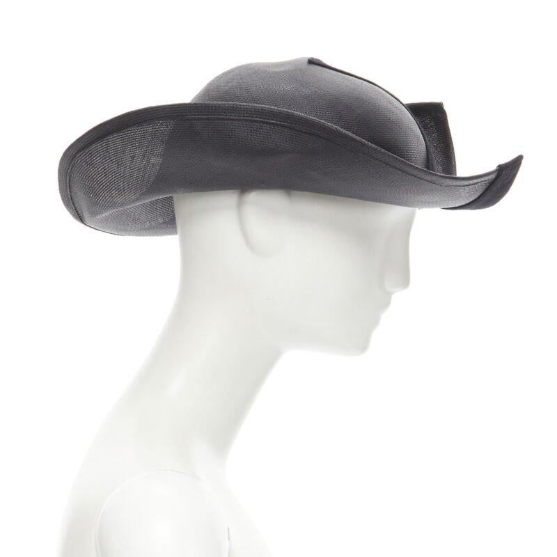 Black YOHJI YAMAMOTO 1980's Vintage black coated raffia curled  brim fedora hat 58cm For Sale