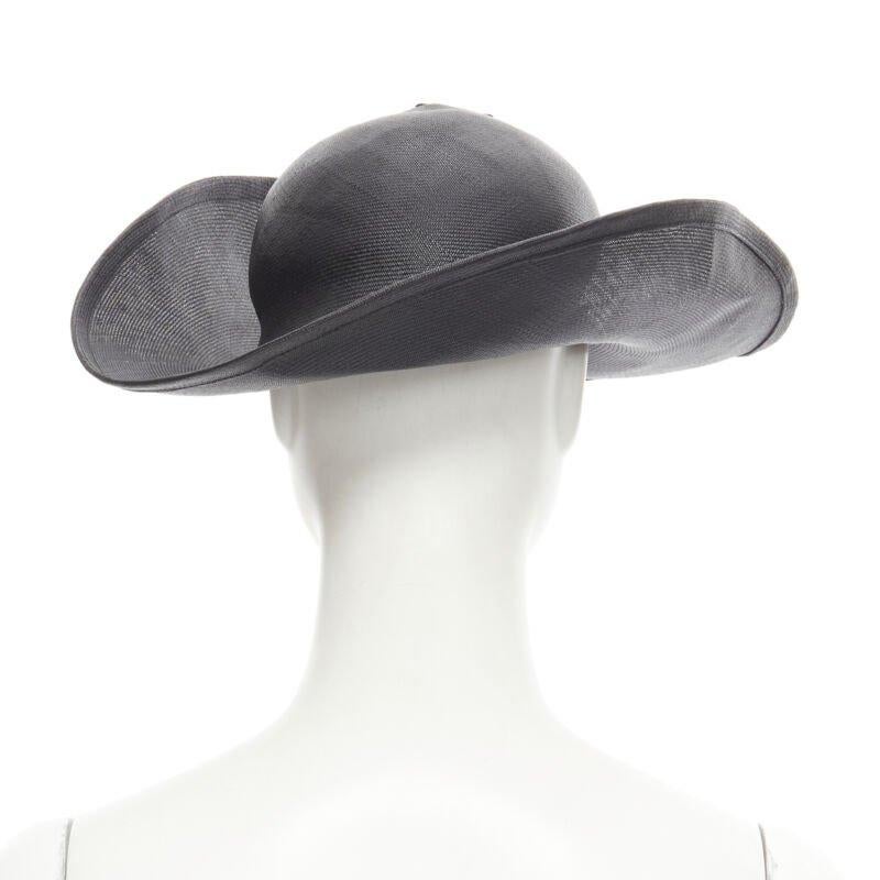 YOHJI YAMAMOTO 1980's Vintage black coated raffia curled  brim fedora hat 58cm In Excellent Condition For Sale In Hong Kong, NT