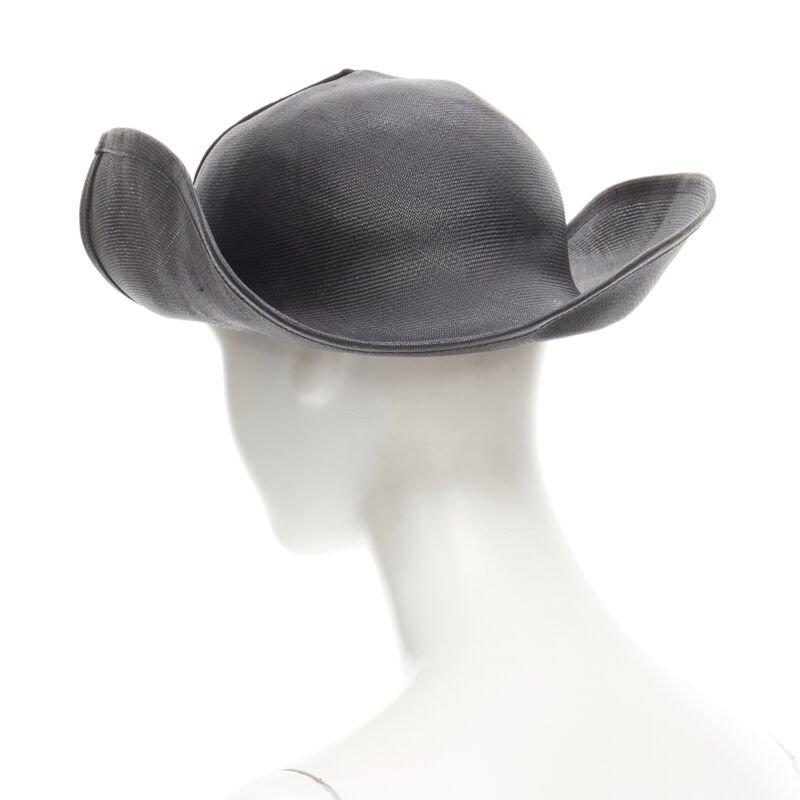 Women's YOHJI YAMAMOTO 1980's Vintage black coated raffia curled  brim fedora hat 58cm For Sale