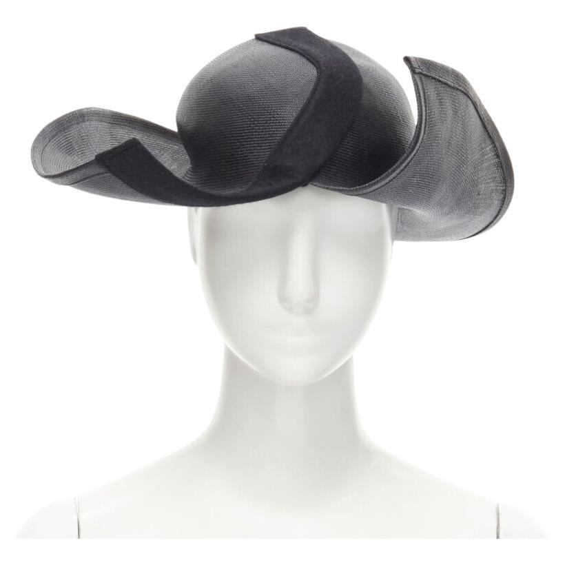 YOHJI YAMAMOTO 1980's Vintage black coated raffia curled  brim fedora hat 58cm For Sale
