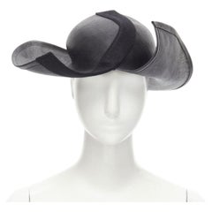 YOHJI YAMAMOTO 1980's Vintage black coated raffia curled  brim fedora hat 58cm
