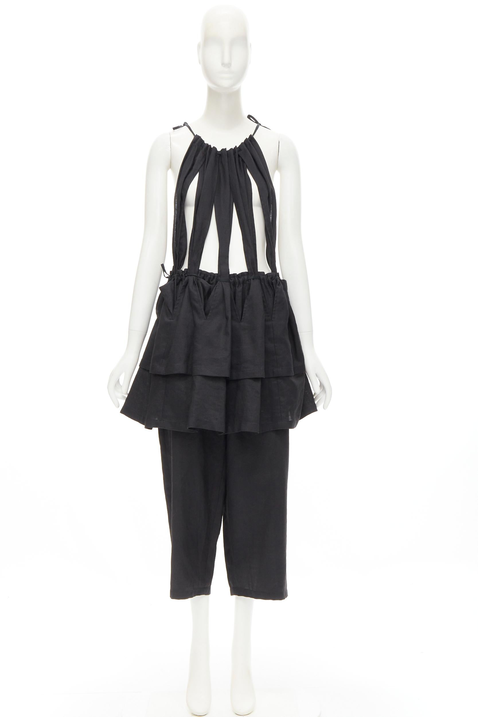 YOHJI YAMAMOTO 1980's Vintage black linen suspender strap peplum jumpsuit S For Sale 4