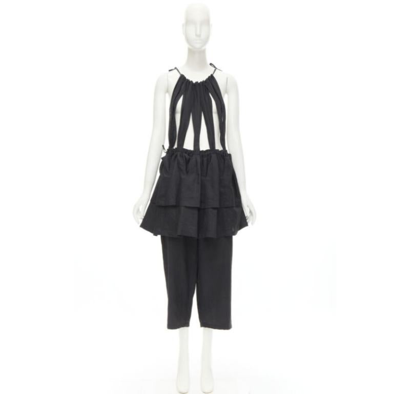 Yohji Yamamoto 1980, tuta vintage in lino nero con bretelle e peplo S in vendita 5