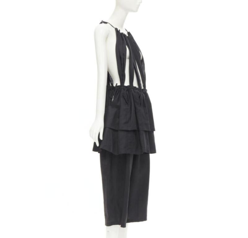 Nero Yohji Yamamoto 1980, tuta vintage in lino nero con bretelle e peplo S in vendita