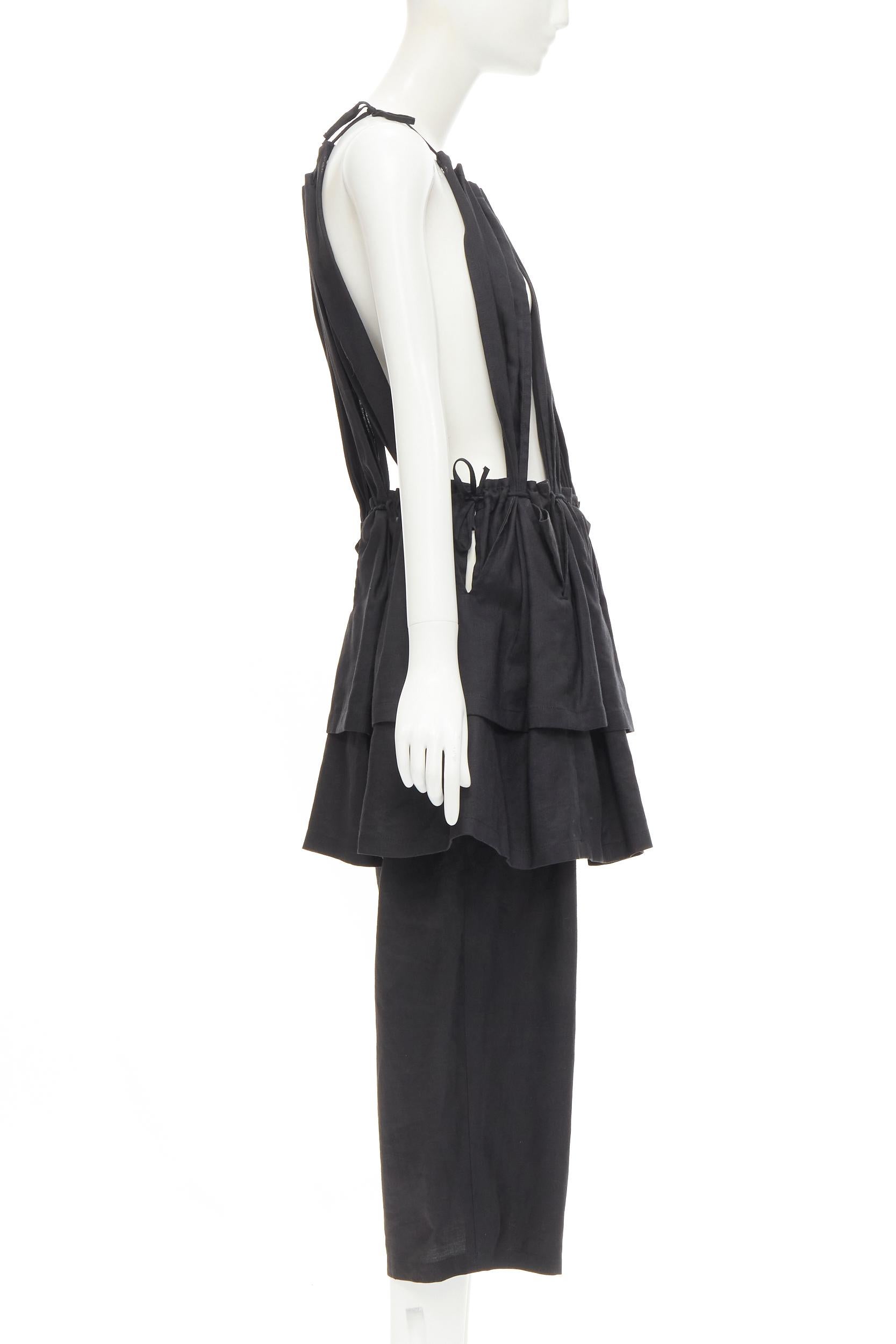 Black YOHJI YAMAMOTO 1980's Vintage black linen suspender strap peplum jumpsuit S For Sale