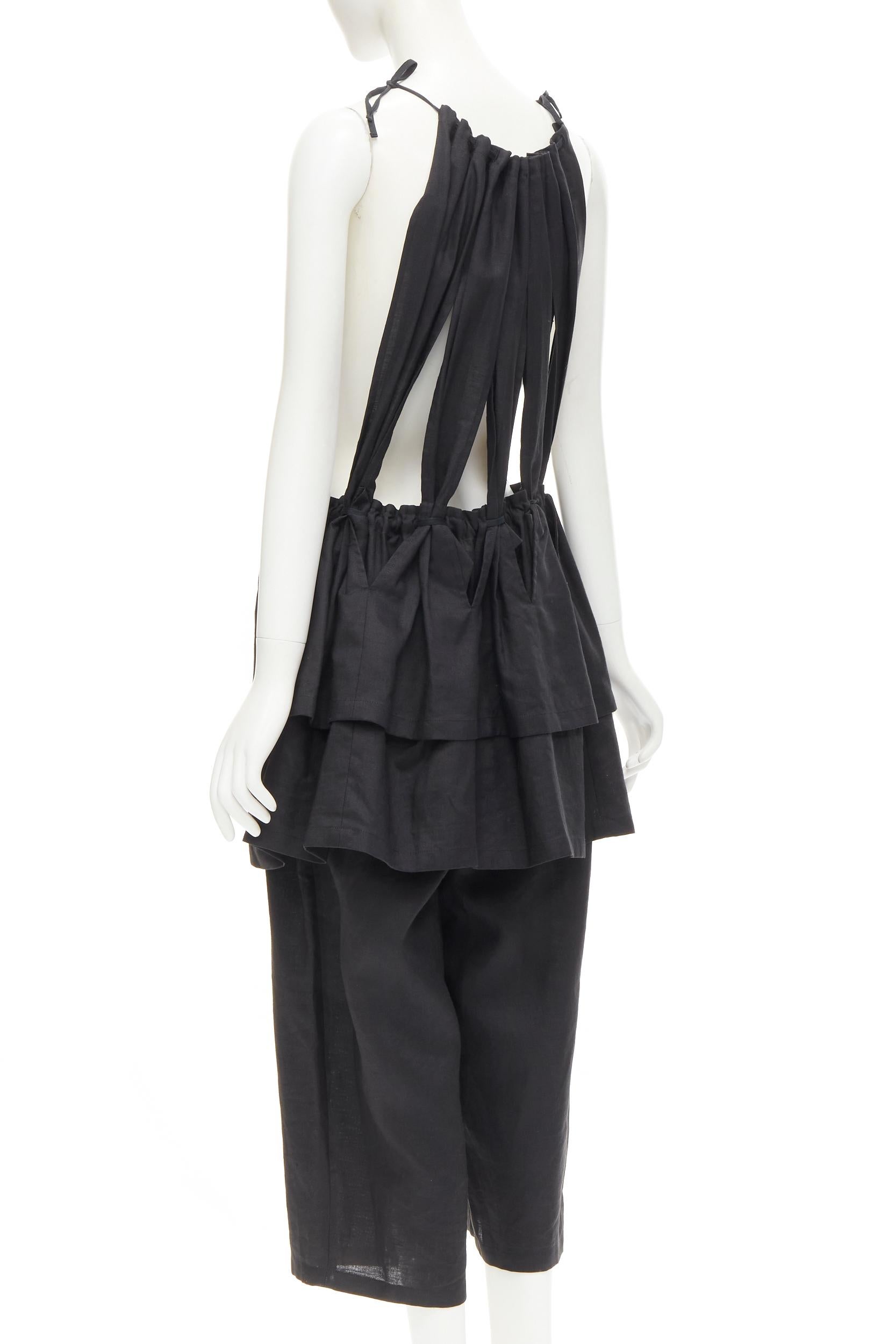 Women's YOHJI YAMAMOTO 1980's Vintage black linen suspender strap peplum jumpsuit S For Sale