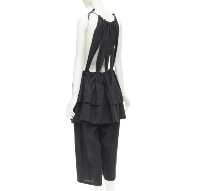 Yohji Yamamoto 1980, tuta vintage in lino nero con bretelle e peplo S in vendita 1