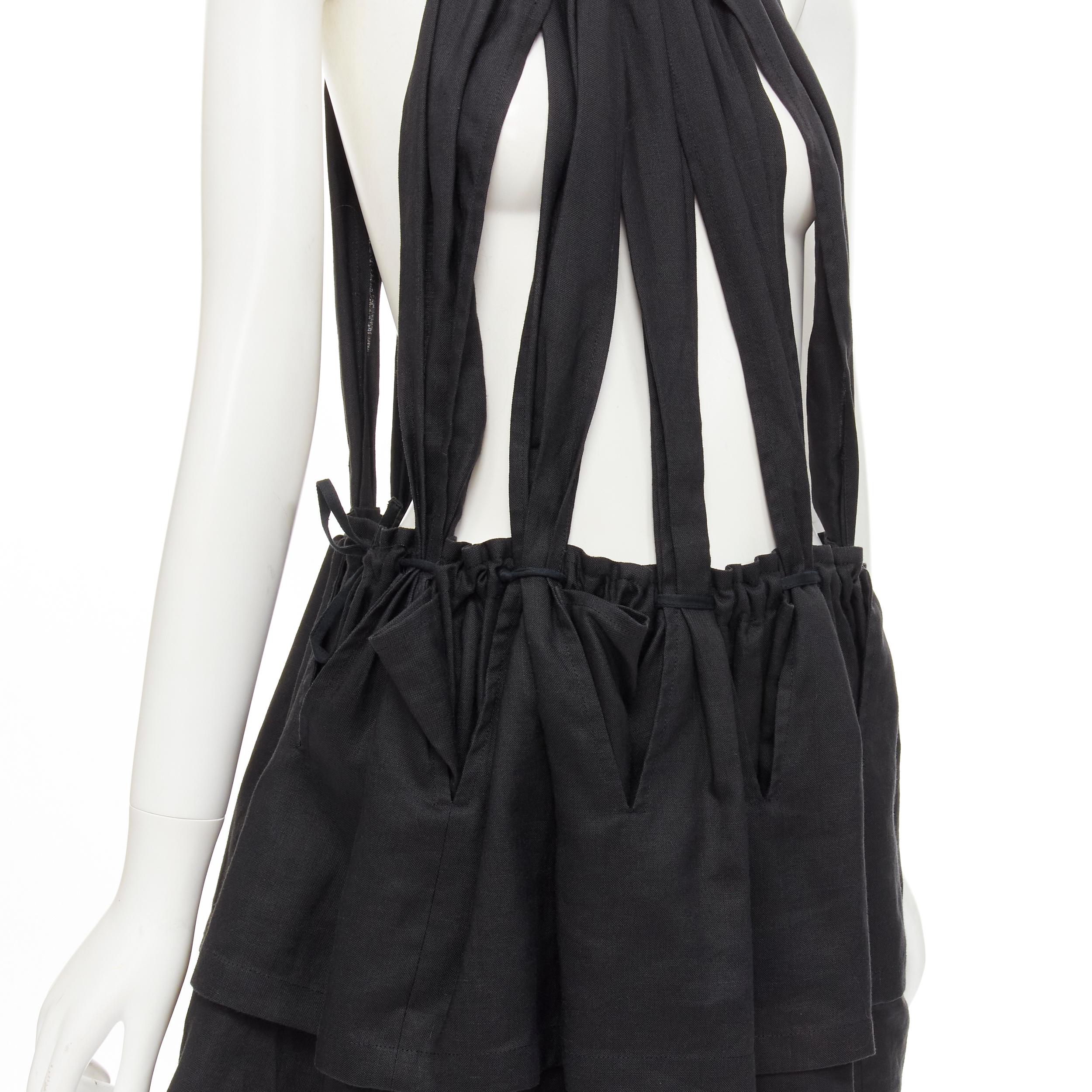 YOHJI YAMAMOTO 1980's Vintage black linen suspender strap peplum jumpsuit S For Sale 1