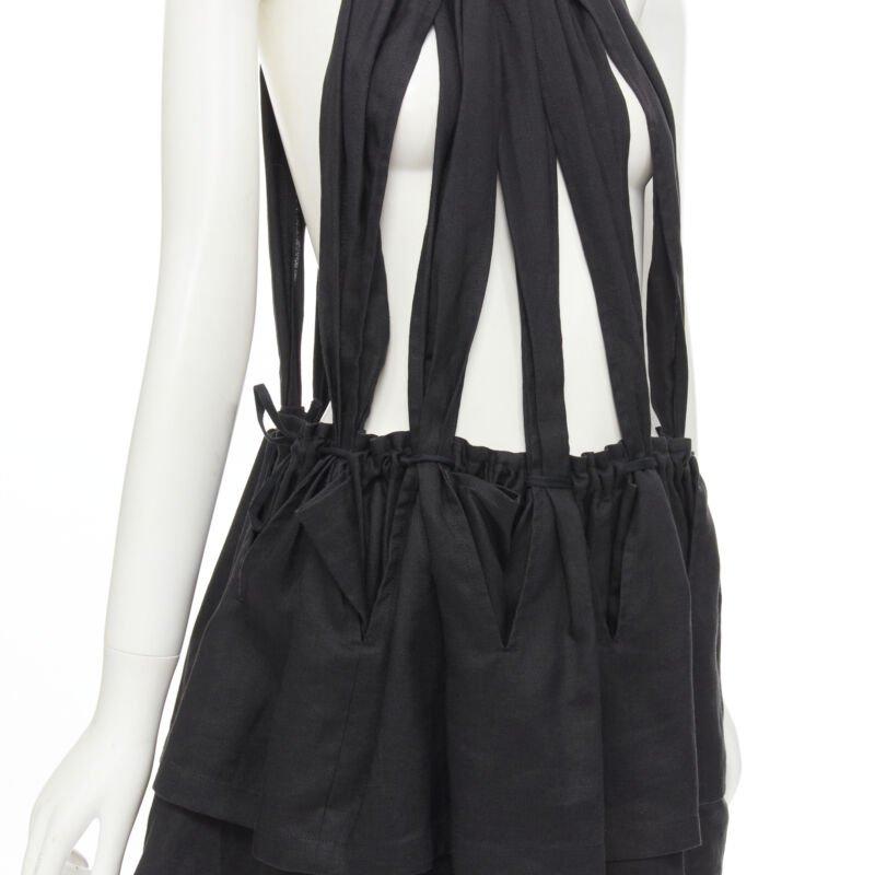 Yohji Yamamoto 1980, tuta vintage in lino nero con bretelle e peplo S in vendita 2