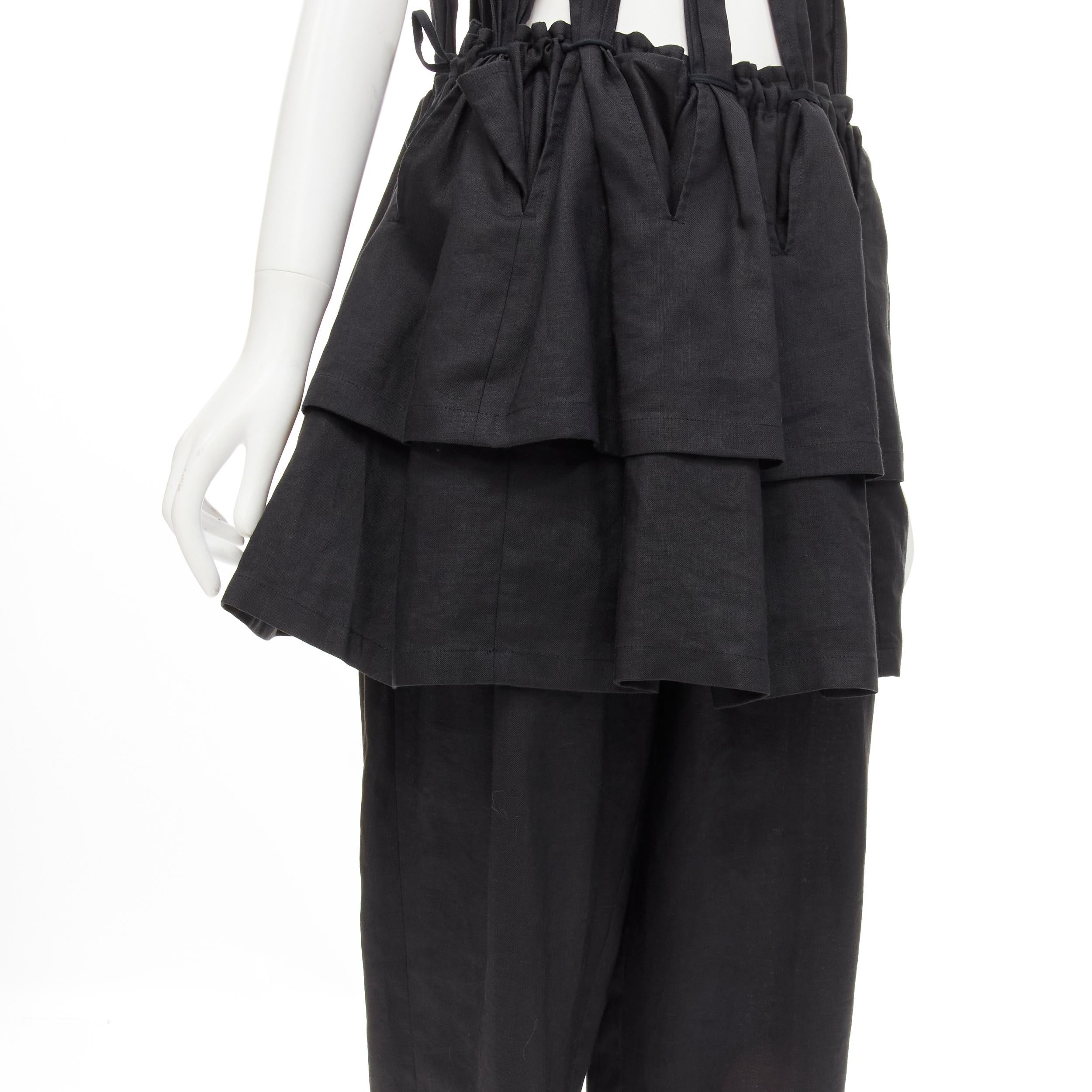 YOHJI YAMAMOTO 1980's Vintage black linen suspender strap peplum jumpsuit S For Sale 2