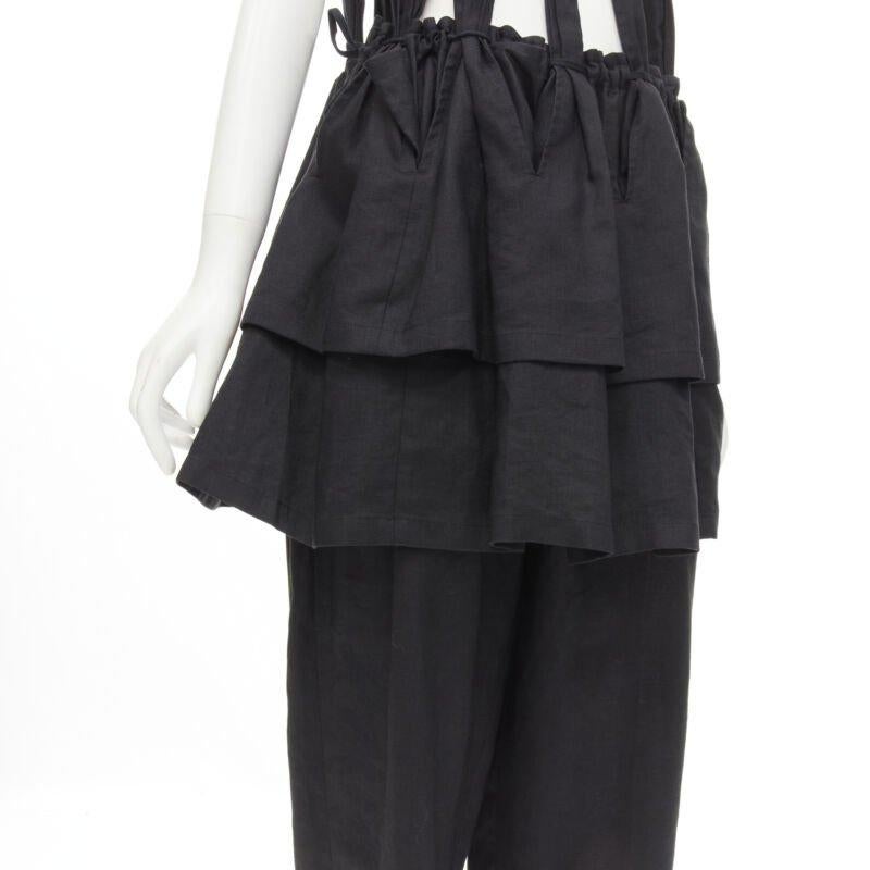 Yohji Yamamoto 1980, tuta vintage in lino nero con bretelle e peplo S in vendita 3