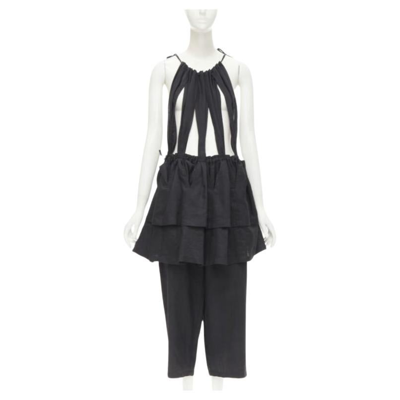 Yohji Yamamoto 1980, tuta vintage in lino nero con bretelle e peplo S