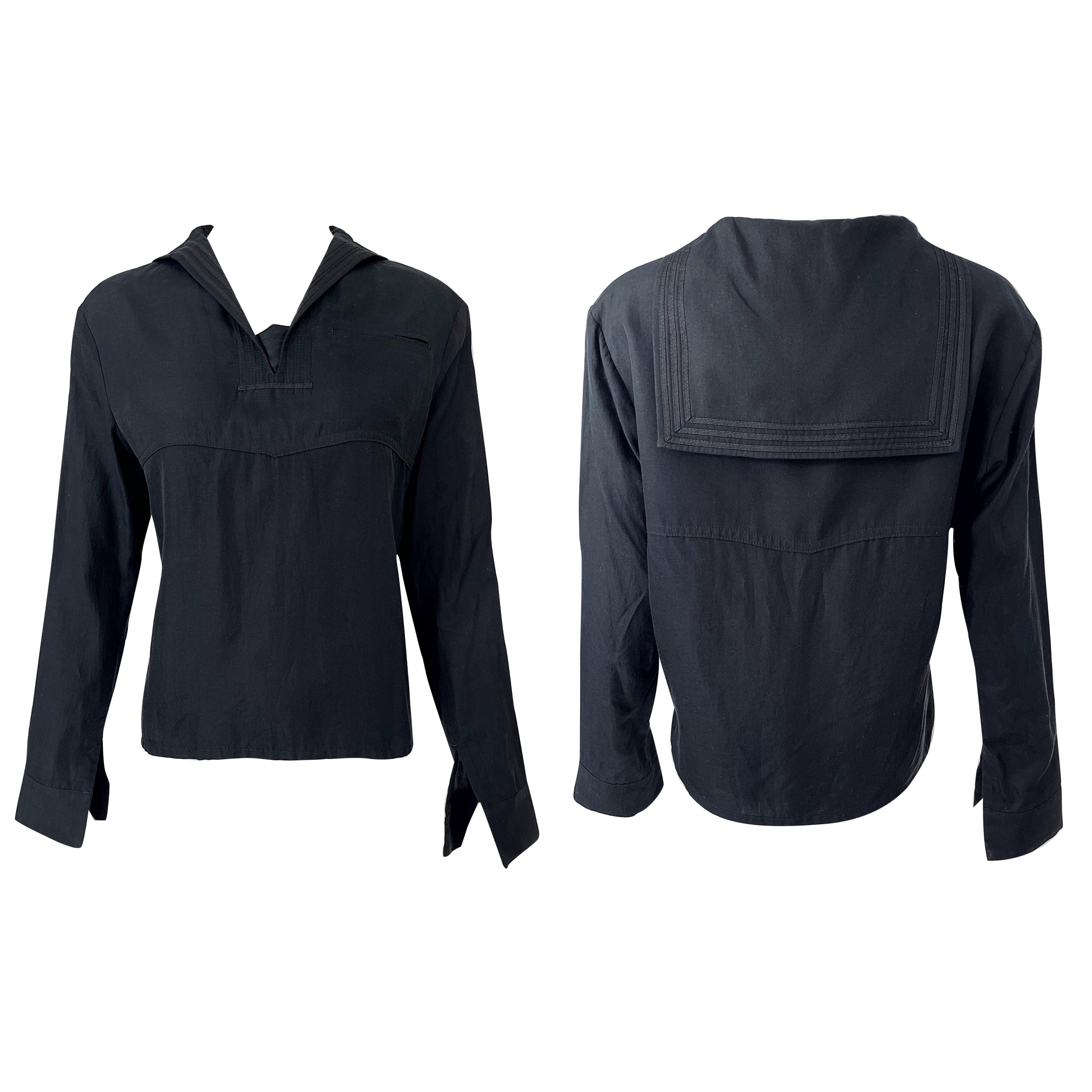 Yohji Yamamoto 1990s Negro Marinero Náutico Vintage 90s Seda Algodón Camisa en venta