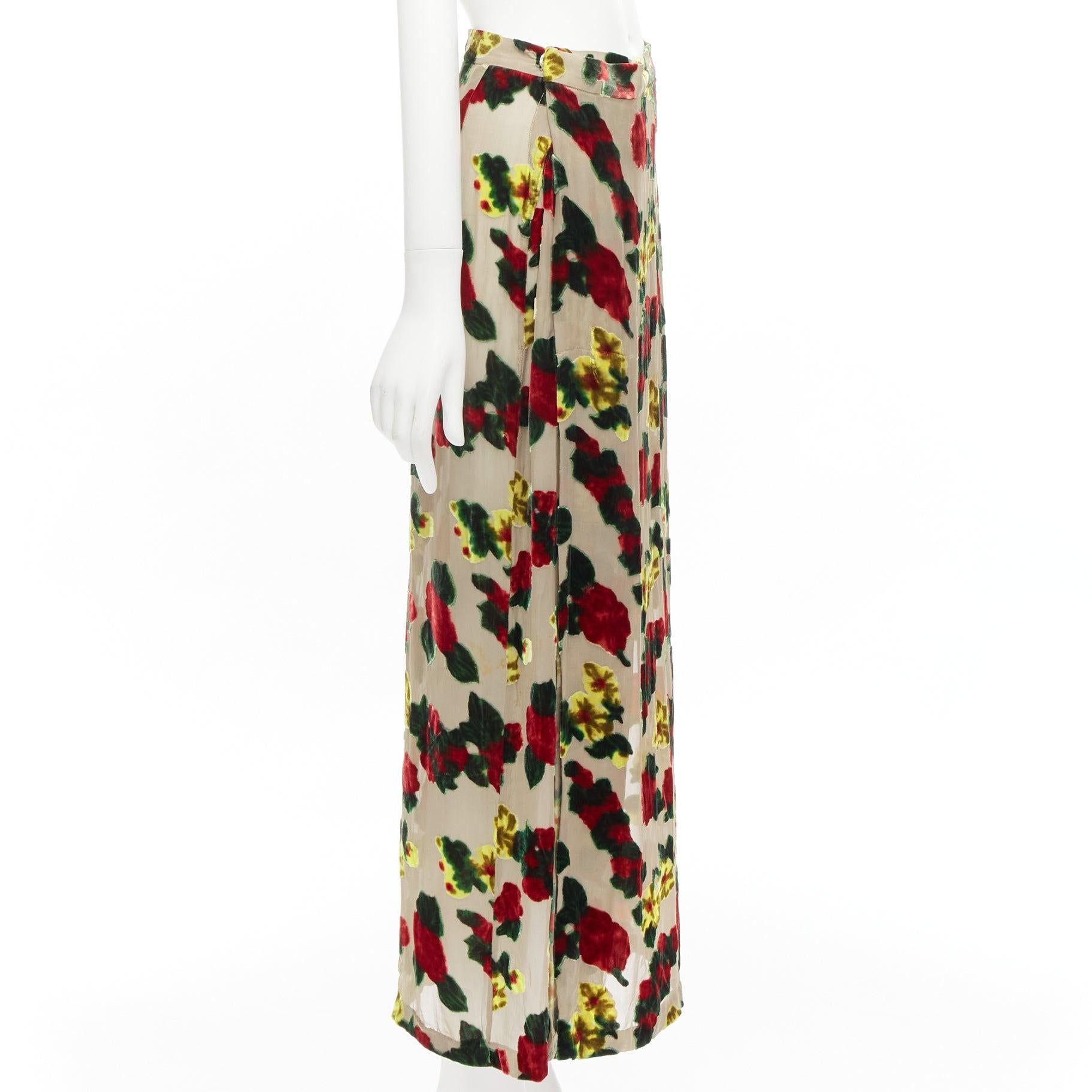 YOHJI YAMAMOTO 1997 Vintage red yellow floral devore sheer midi skirt M In Fair Condition For Sale In Hong Kong, NT