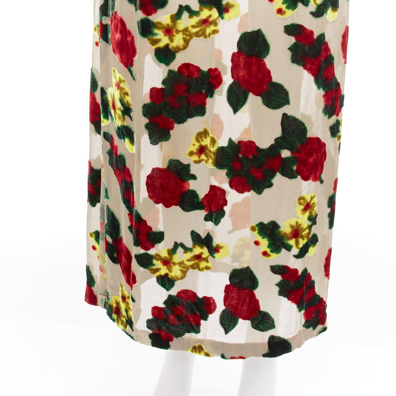 YOHJI YAMAMOTO 1997 Vintage red yellow floral devore sheer midi skirt M For Sale 2
