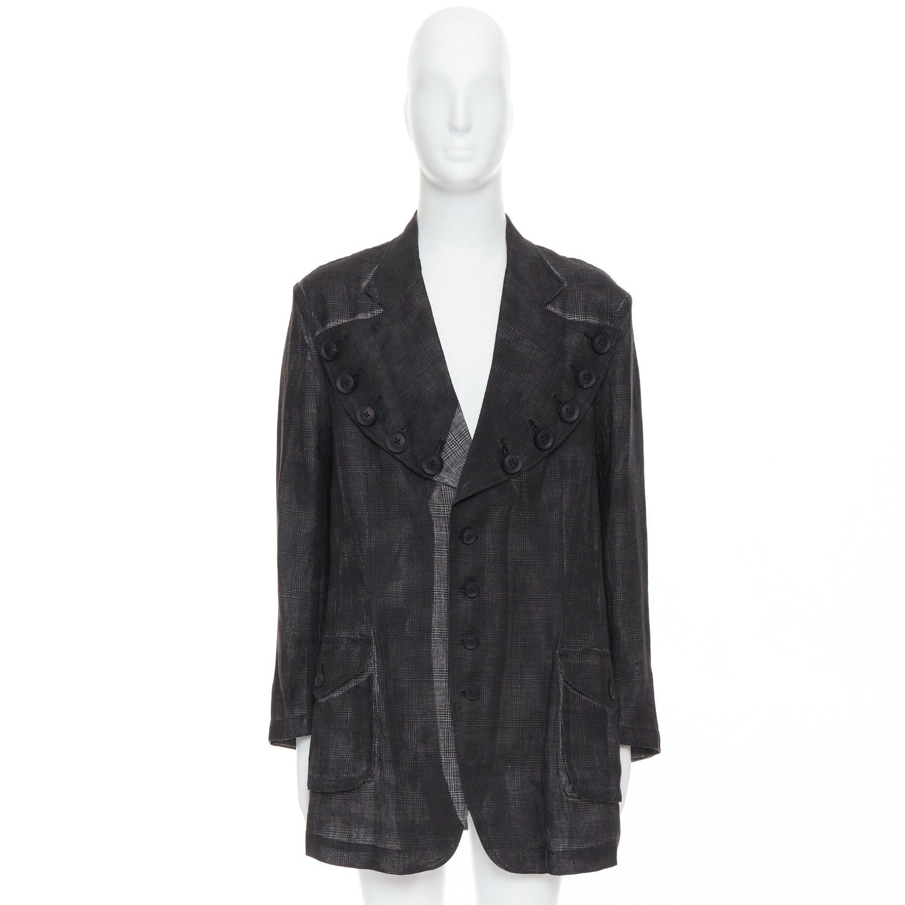 YOHJI YAMAMOTO 2022 Runway grey linen checkered printed gradient blazer JP2 M For Sale 5