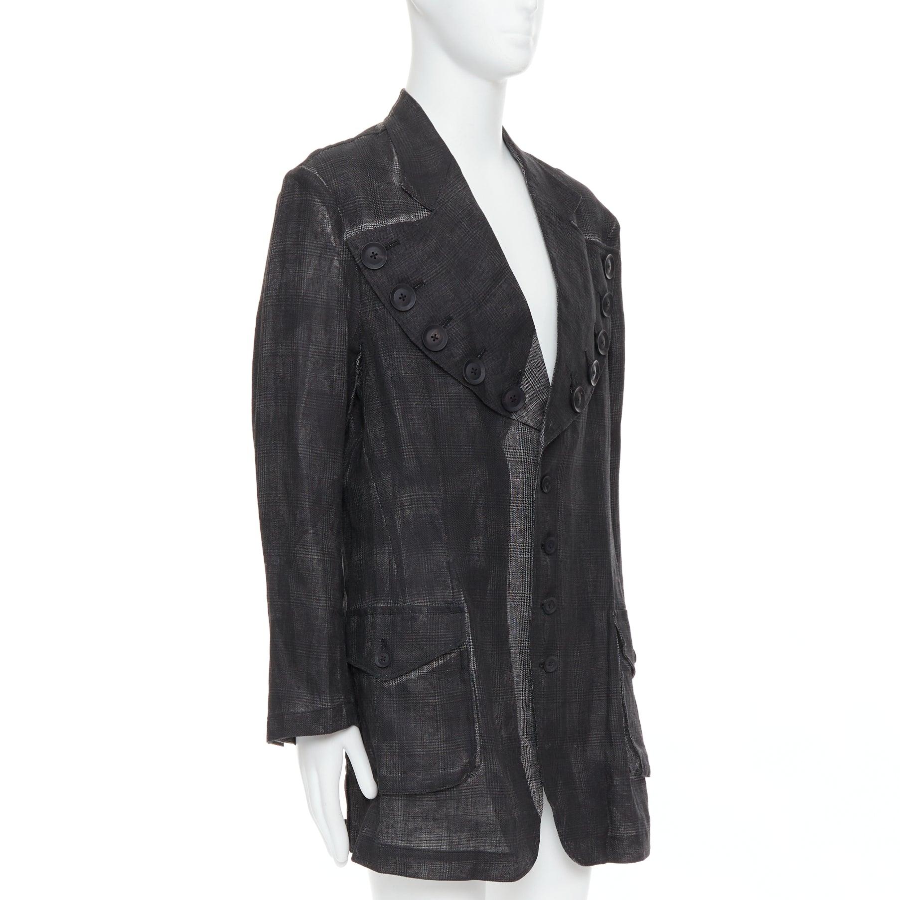 YOHJI YAMAMOTO 2022 Runway grey linen checkered printed gradient blazer JP2 M In New Condition For Sale In Hong Kong, NT