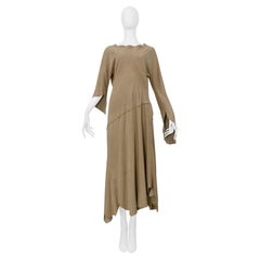 Yohji Yamamoto Beige Suede Dress With Raw Hem And Asymmetrical Sleeves 2000-2001