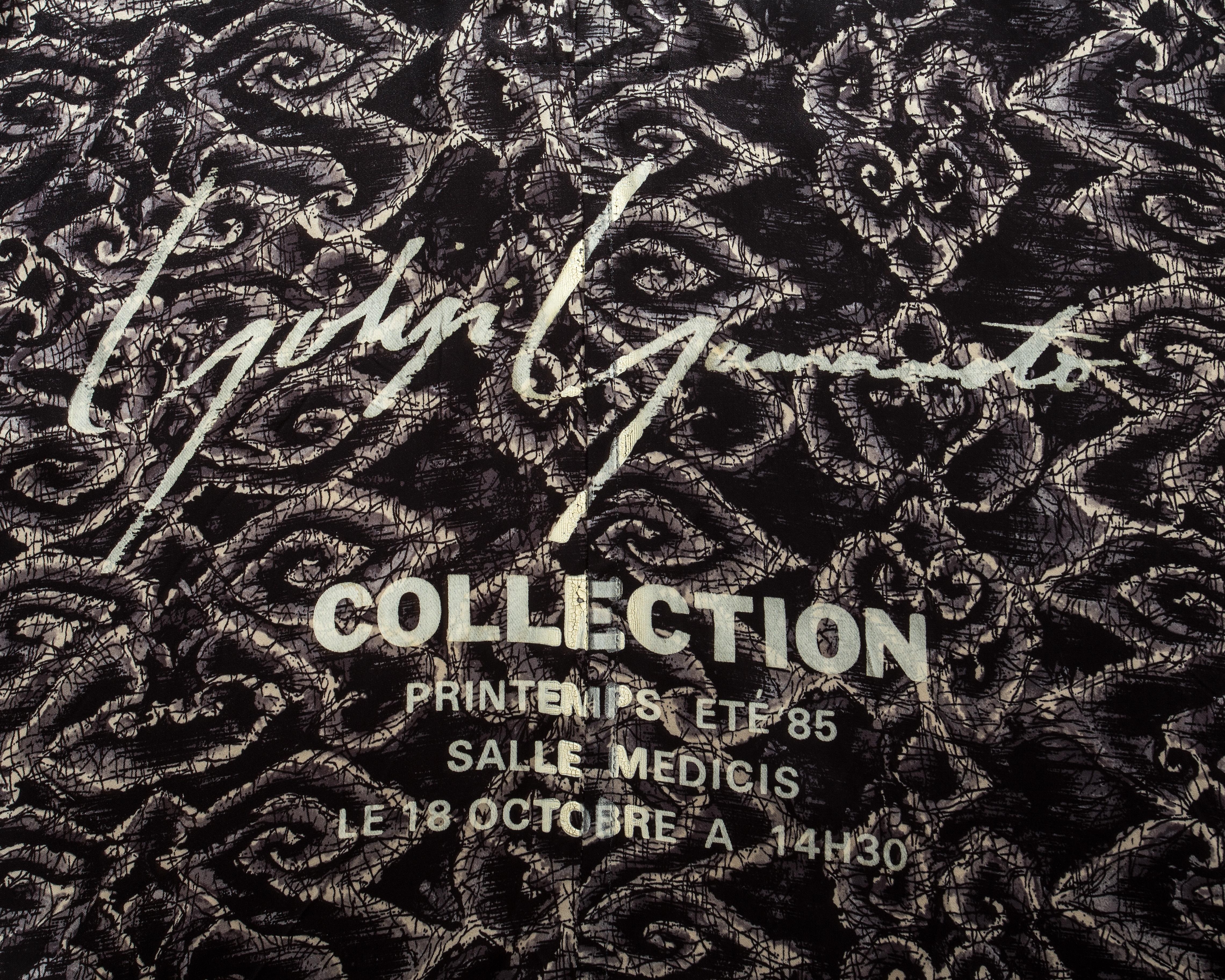 Yohji Yamamoto black acetate show robe with dated screen print, ss 1985 For Sale 2