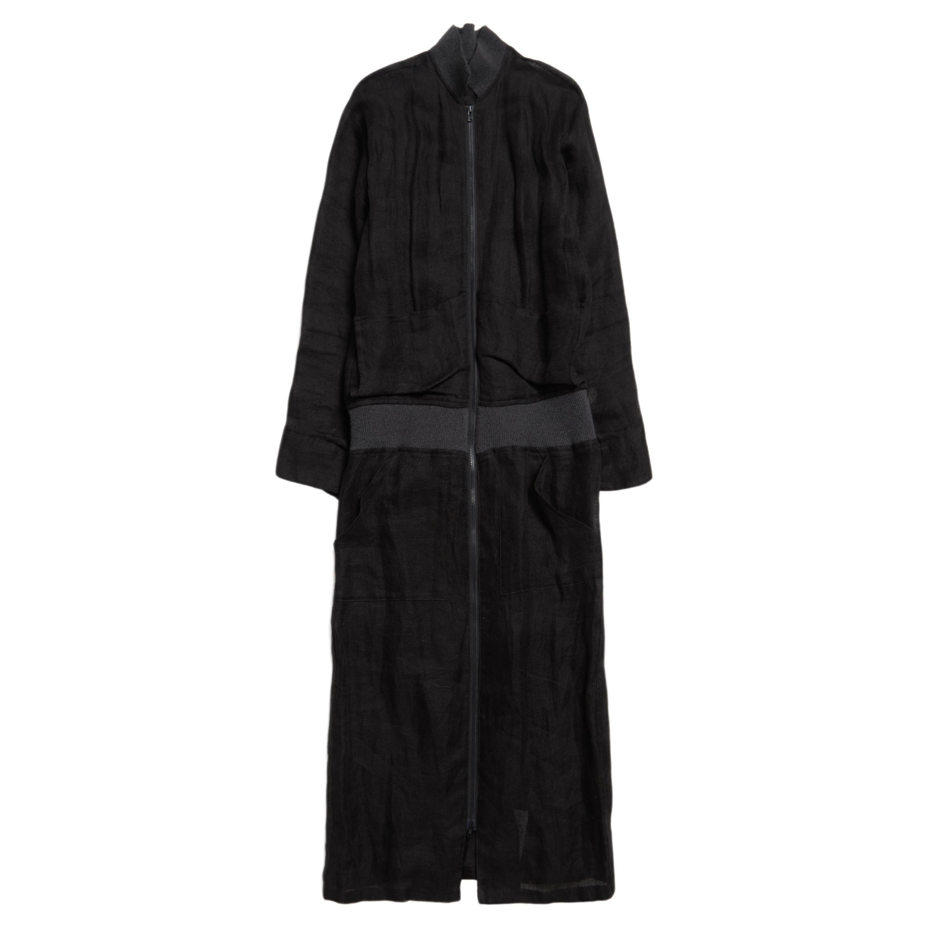 Yohji Yamamoto  Black And Gray Elongated Linen Cotton Zipped Robe  For Sale