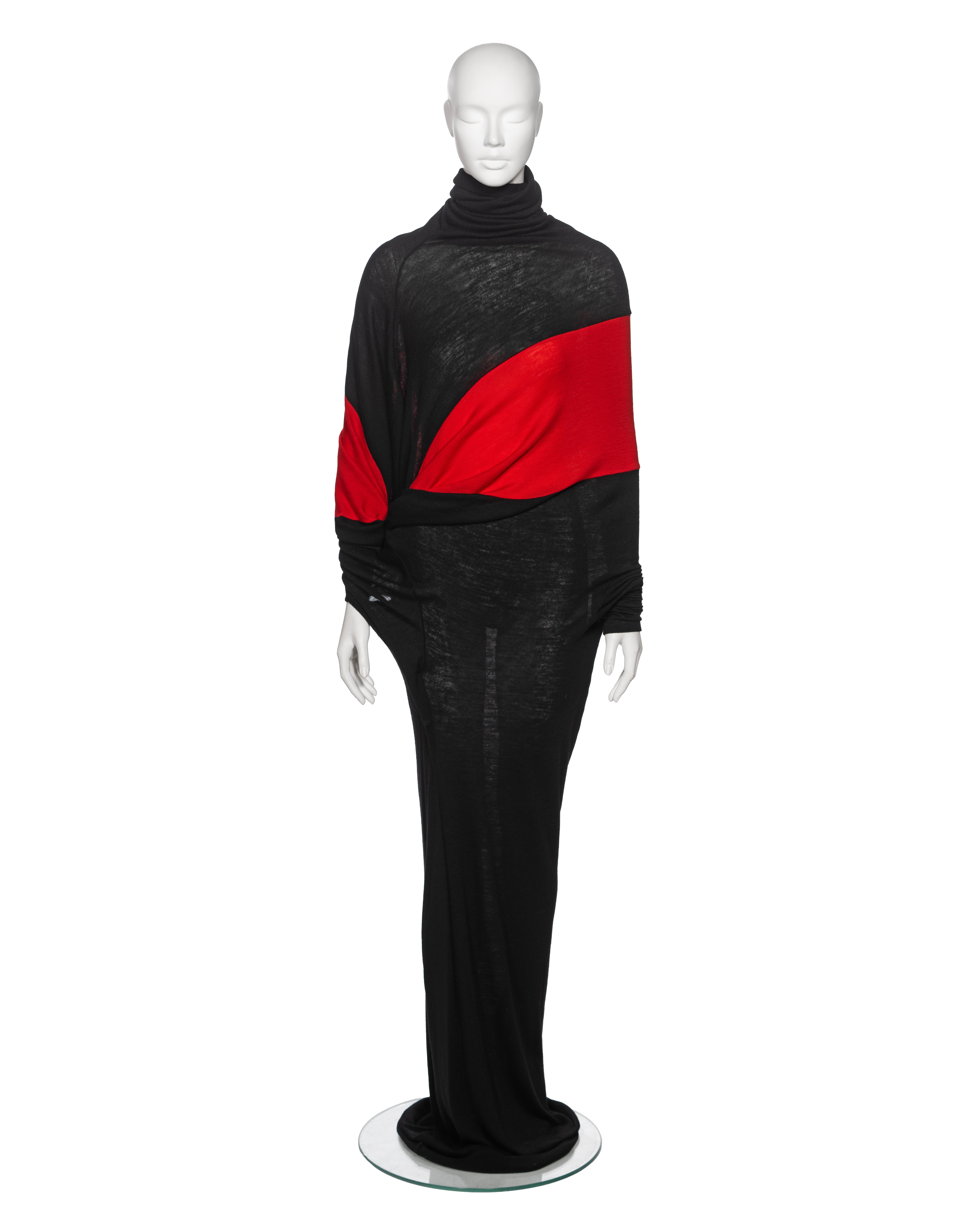 Women's Yohji Yamamoto Black and Red Wool Asymmetric Convertible Maxi Dress, fw 2012 For Sale
