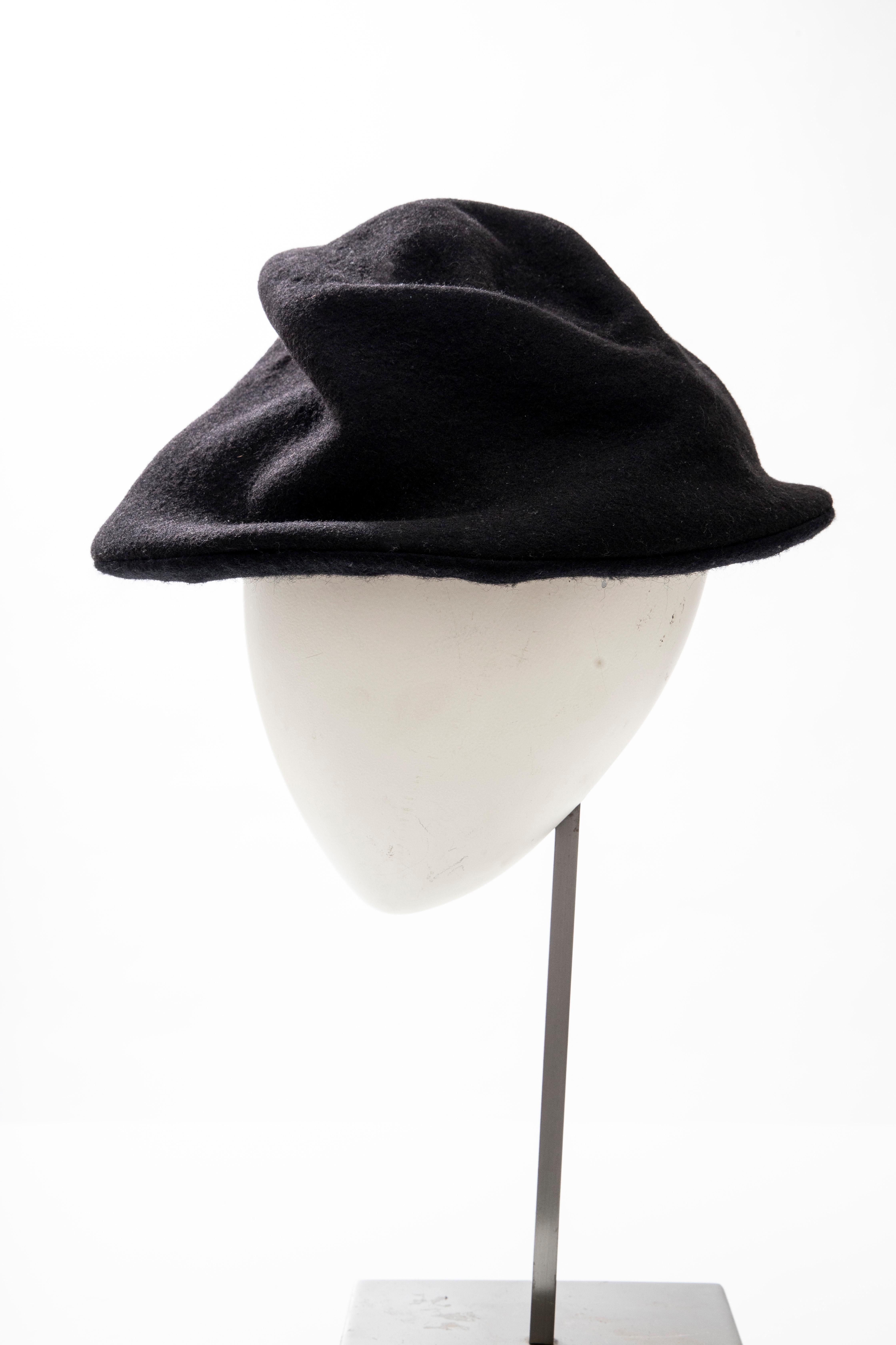 Yohji Yamamoto Black Asymmetrical Felted Wool Hat 1