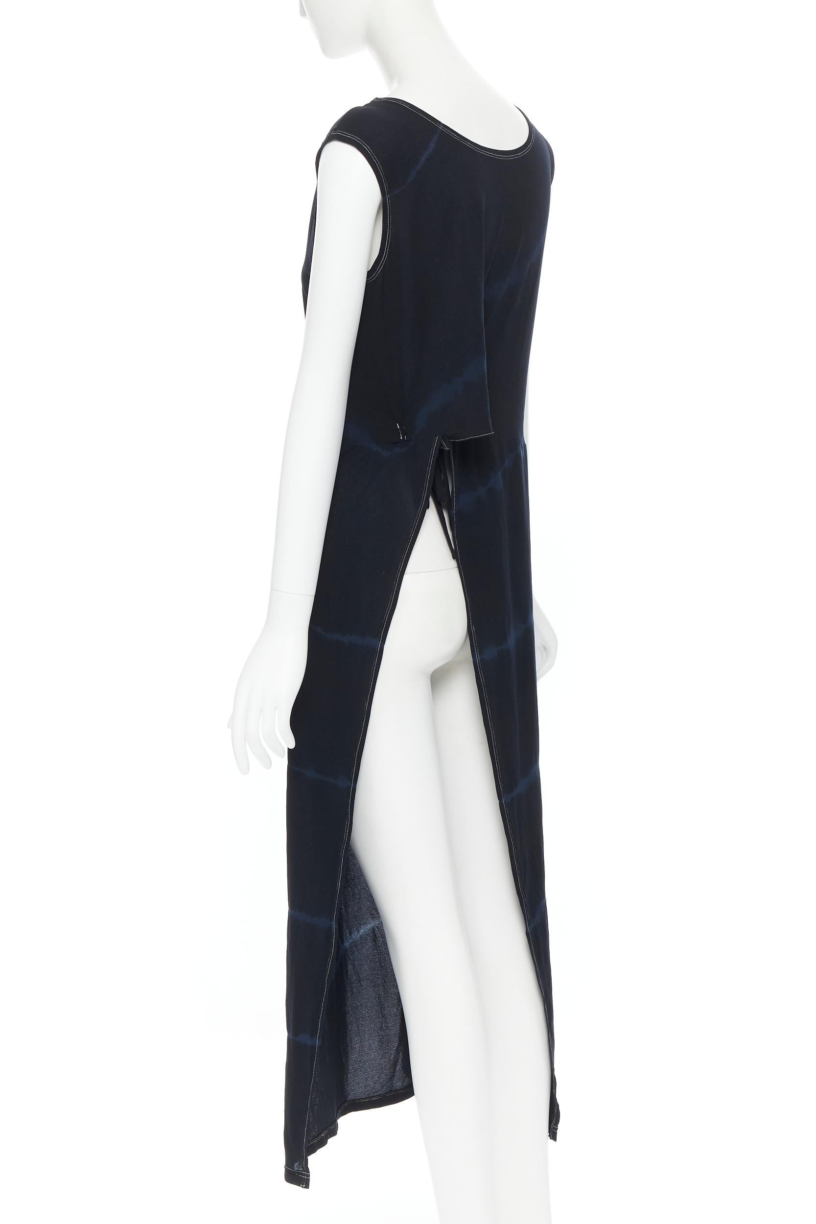 Women's YOHJI YAMAMOTO black blue shibori dye white overstitch open side tunic top S
